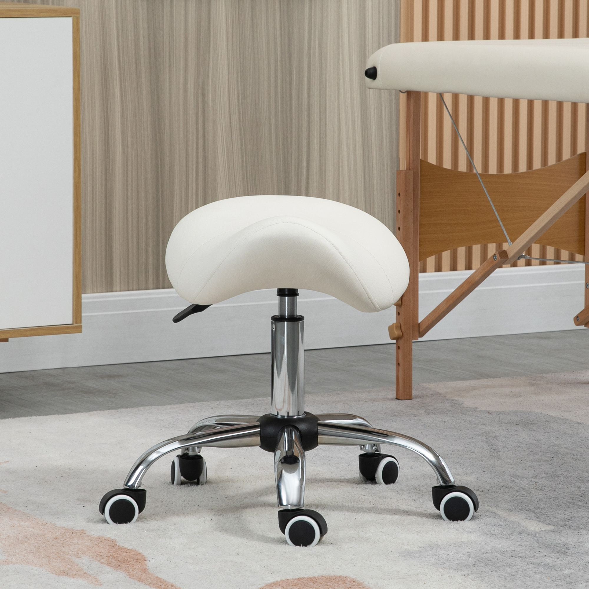 HOMCOM Cosmetic Stool 360° Rotate Height Adjustable Salon Massage Spa Chair Hydraulic Rolling Faux Leather Saddle Stool, Cream 7