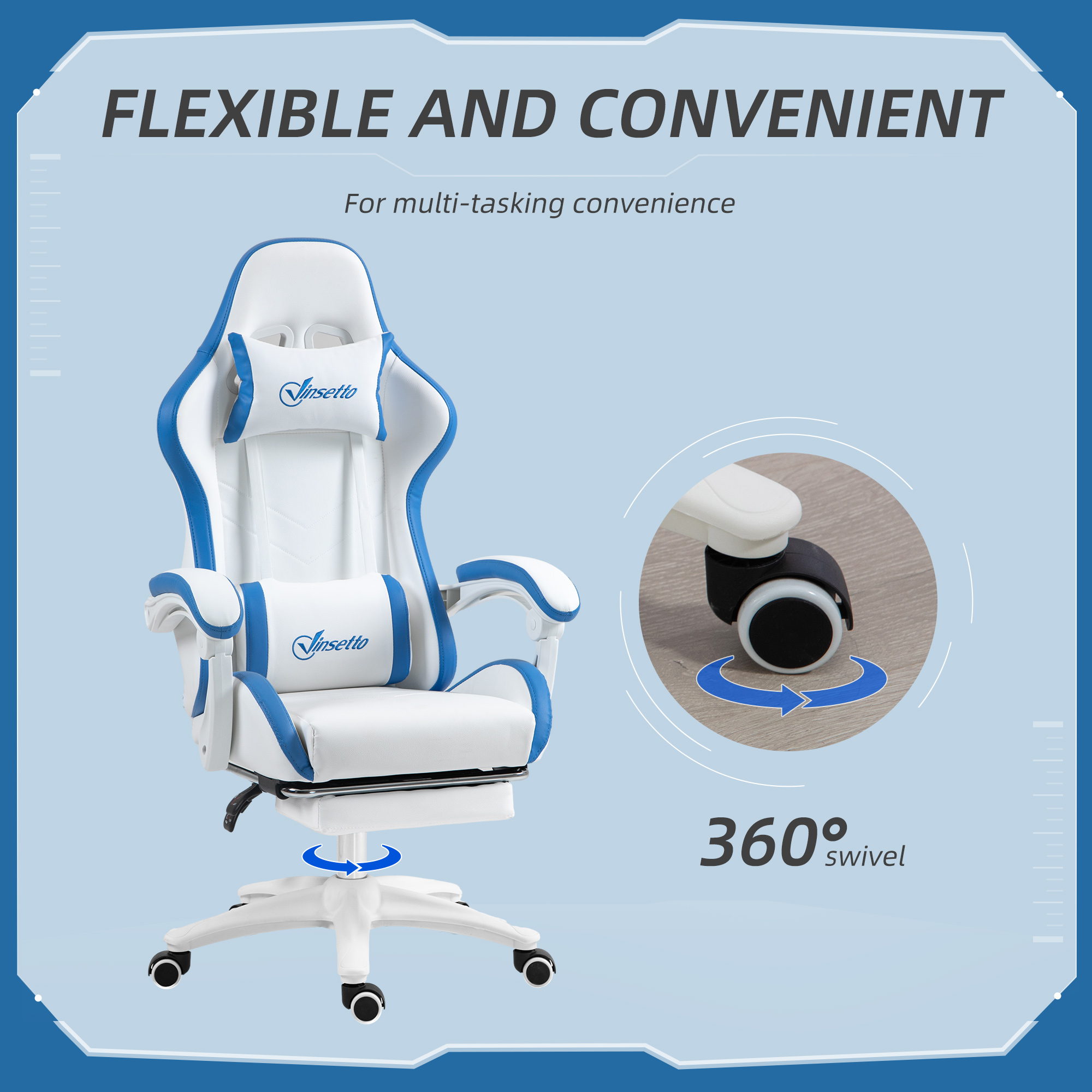 Vinsetto Computer Gaming Chair, PU Leather Office Desk Chair with Footrest, Swivel Wheels, 135° Reclining Back, Lumbar Support, Headrest for Home, White and Blue 6