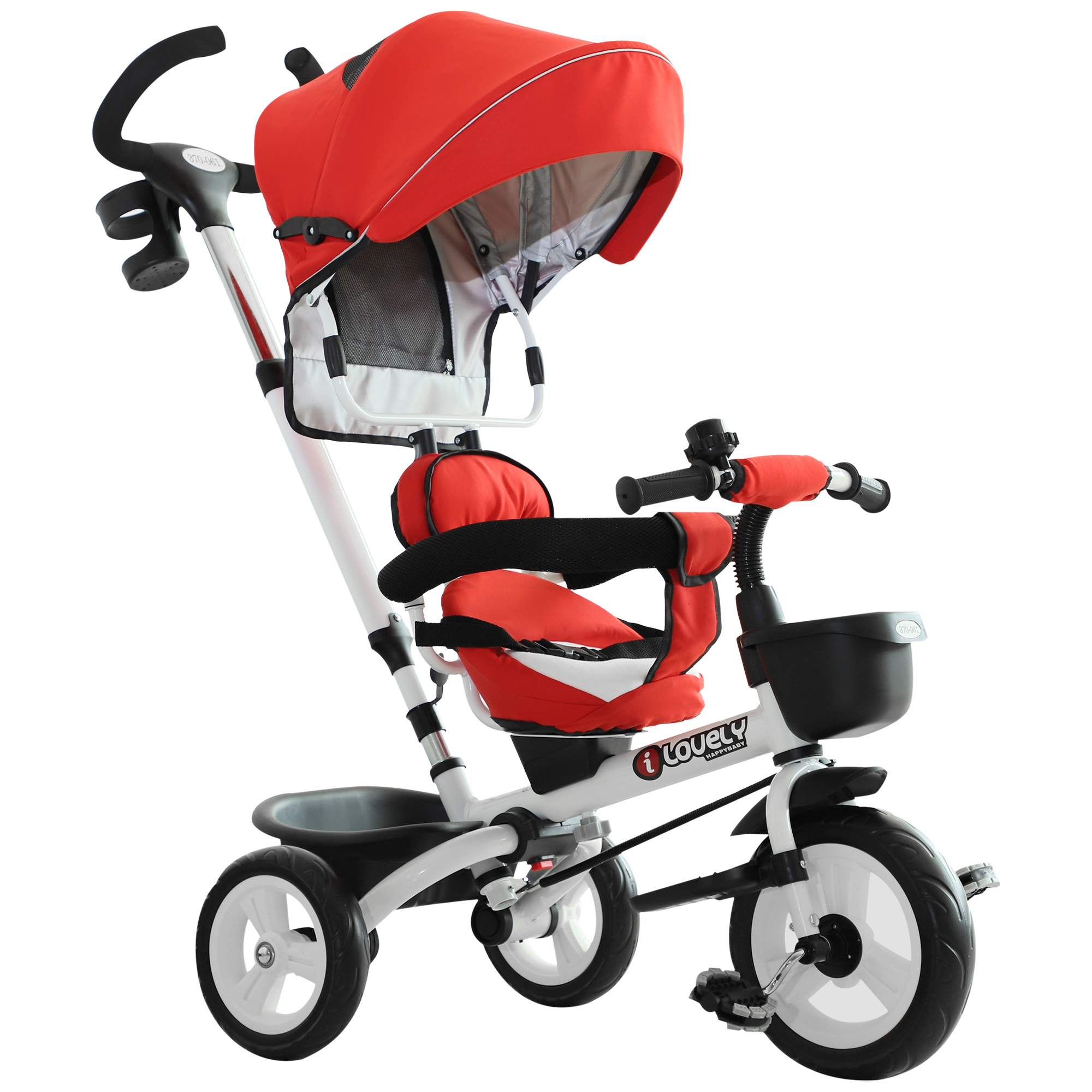 HOMCOM Tricycle Enfants Pare-Soleil Pliable Canne Amovible Benne Rangement 105 x 47 x 98 cm Acier Blanc et Noir