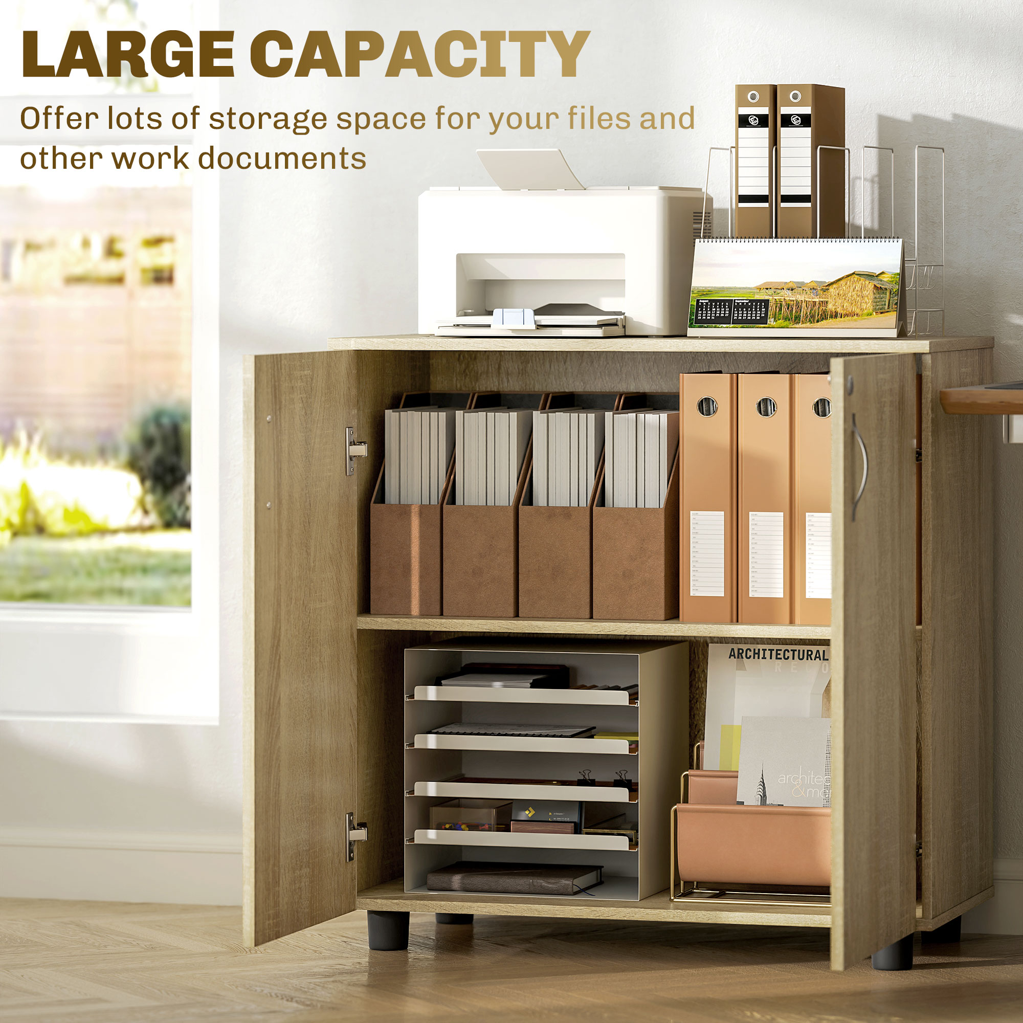 Vinsetto Two-Tier Locking Office Storage Cabinet - Oak | Aosom UK