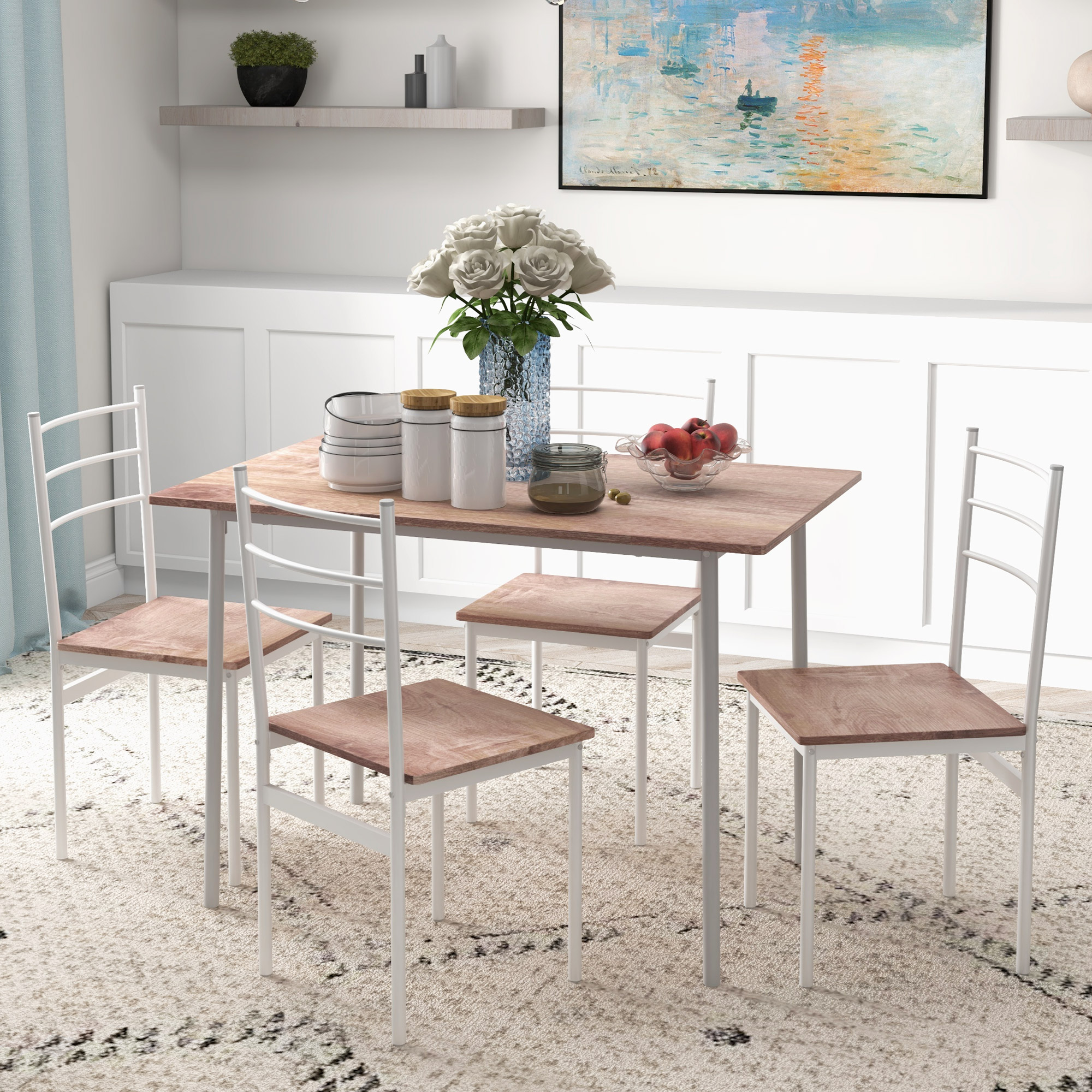 HOMCOM Five-Piece Compact Dining Table and Chairs Set Brown/White 2
