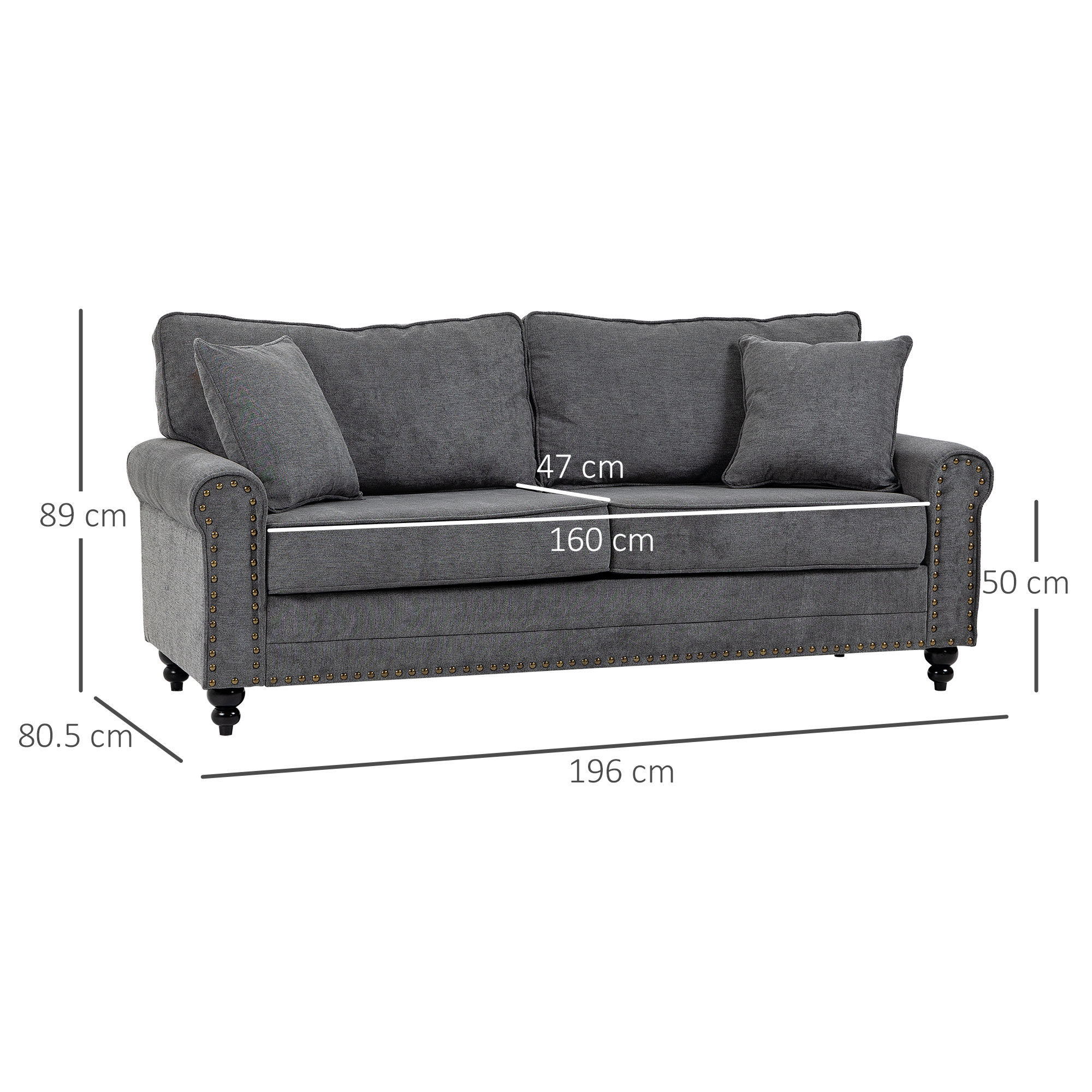 HOMCOM 196cm 3 Seater Sofa, Fabric Sofa with Rubber Wood Legs, Nailhead Trim, 2 Pillows, Small Upholstered Couch Settee for Living Room, Guest Room, Grey 3