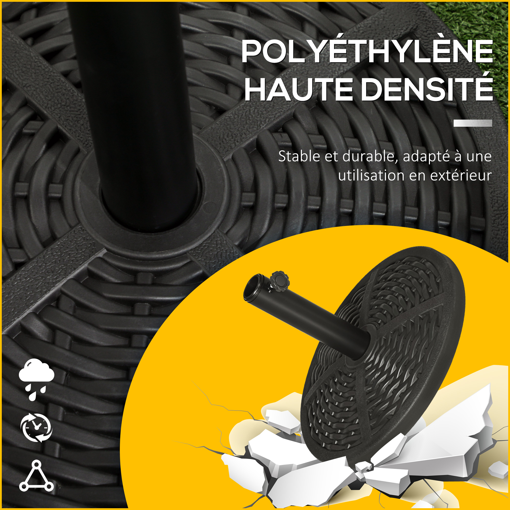 Base De Lestage Pour Parasol Outsunny - Ø 45 X 33 Cm, Poids Net 9 Kg, Convient Mâts Ø 38 Et 48 Mm, Noir Effet Rotin