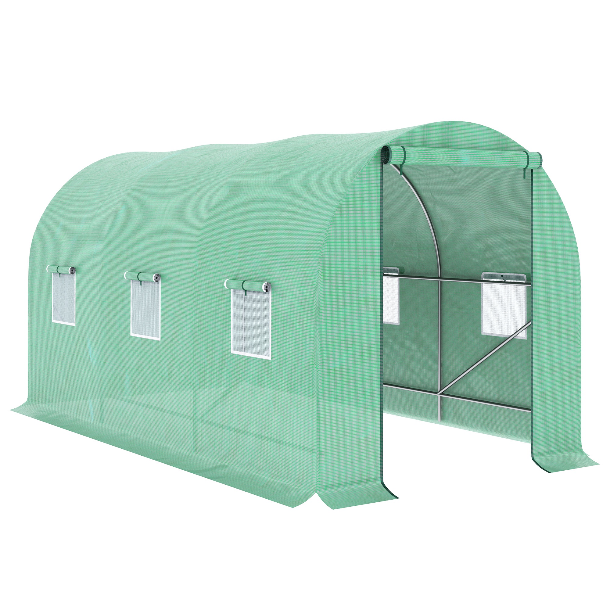 Outsunny Invernadero Caseta Invernadero de Túnel con Puerta Enrollable y 6 Ventanas Cubierta PE 140 g/m² Anti-UV 4x2x2 m Verde | Aosom España