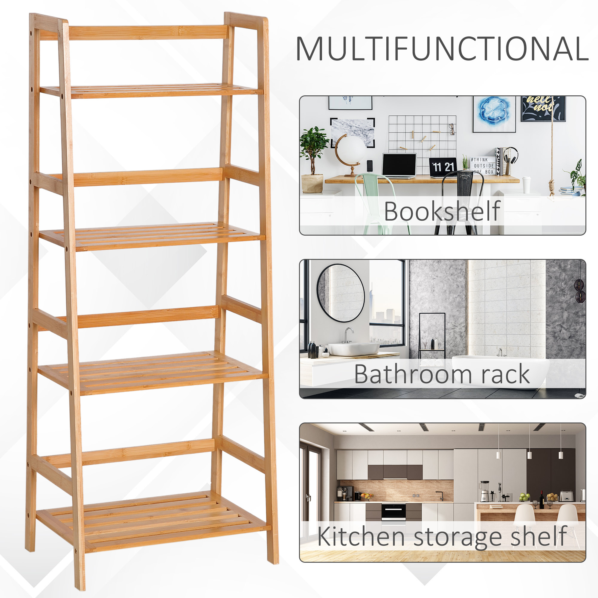 HOMCOM Bamboo Ladder Shelf, 4-Tier Bookshelf, Freestanding Bookcase for Living Room, Study, Bedroom, Home Office, 48 x 31.5 x 120cm, Natural Wood Effect 6