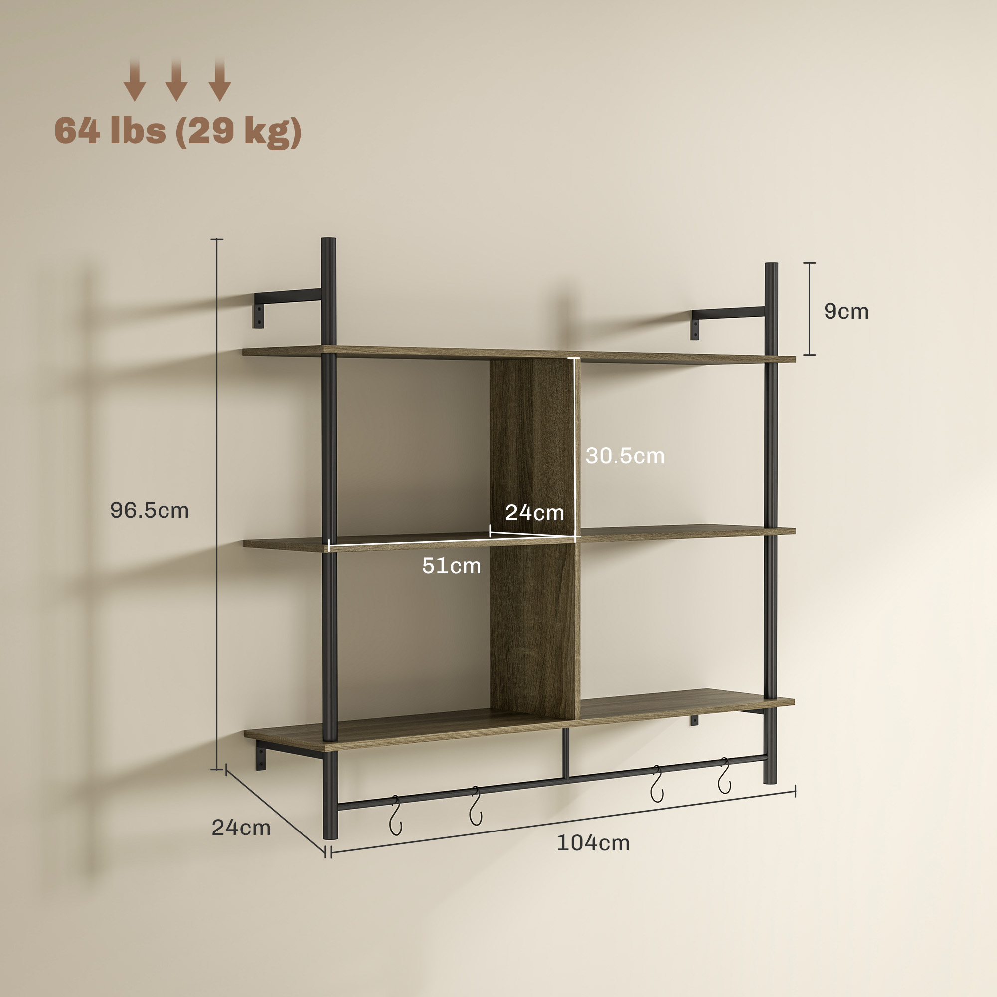 HOMCOM Three-Tier Floating Shelf Grey Wood Effect 3