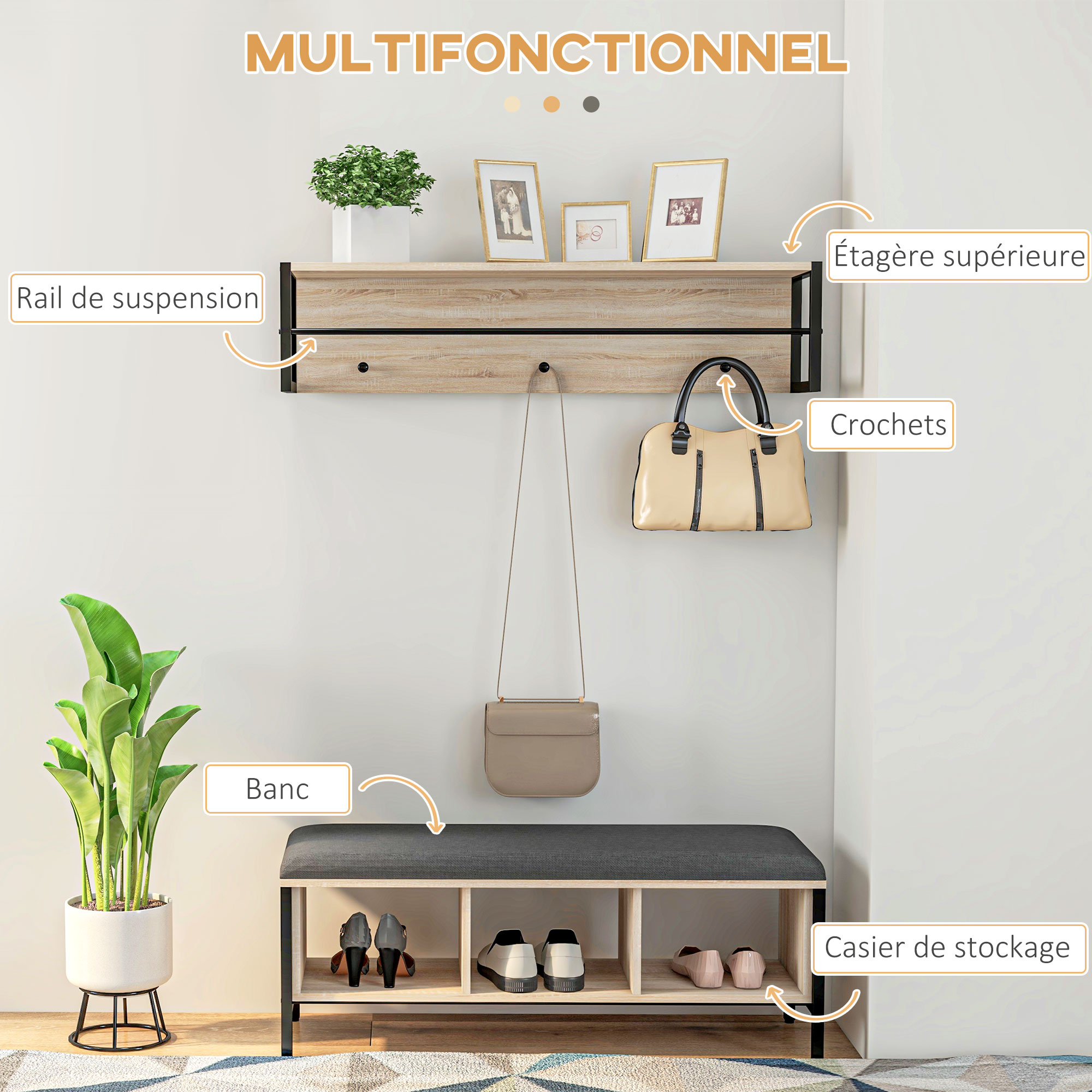 Meuble Entrée 2-en-1 HOMCOM - Banc Chaussures + Porte-Manteau - 3 Casiers Et 3 Crochets - Naturel/Noir