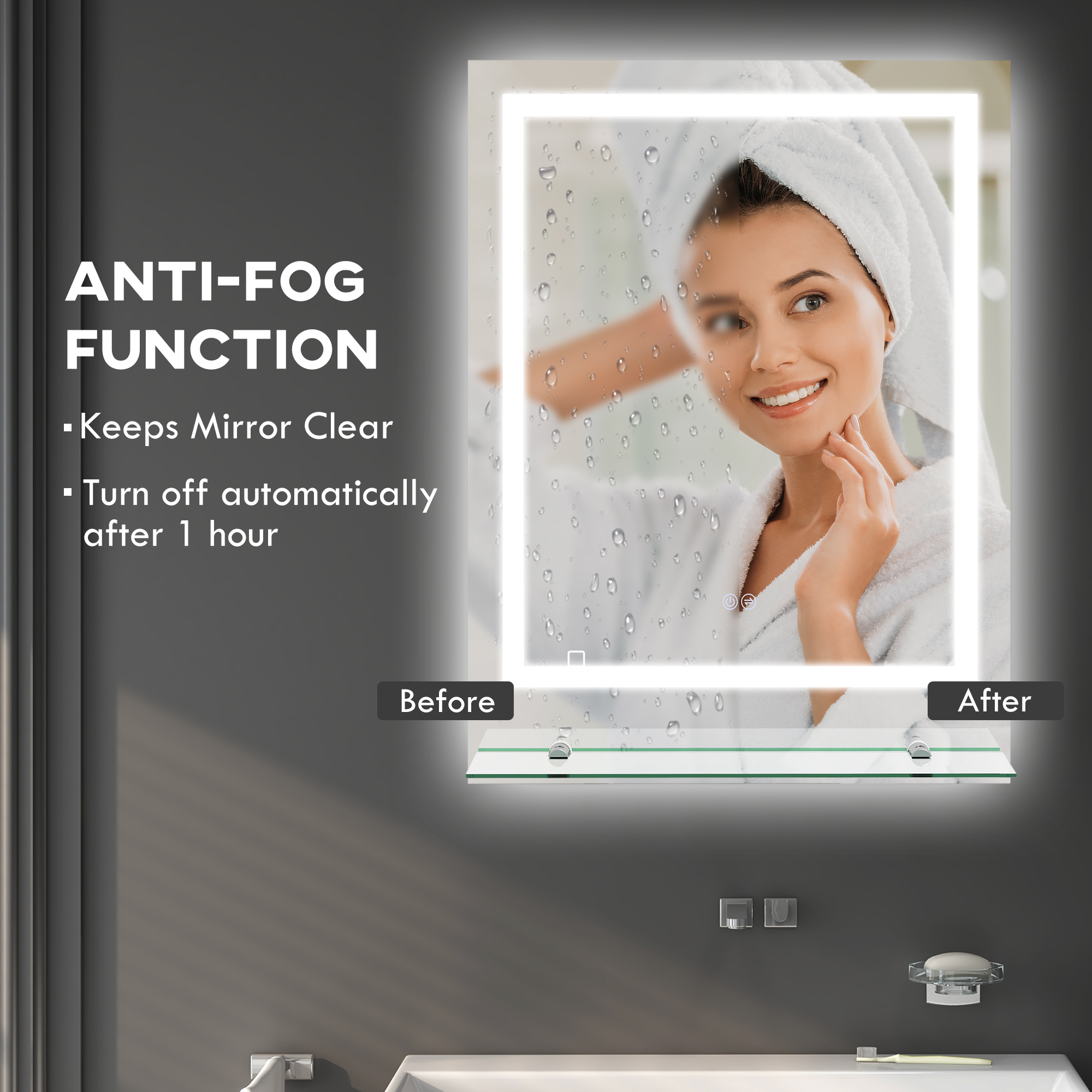 kleankin Large Vanity Mirror with Lights and Shelf, Illuminated bathroom Mirror with 3 Colour Brightness, Smart Touch, Anti-Fog 6