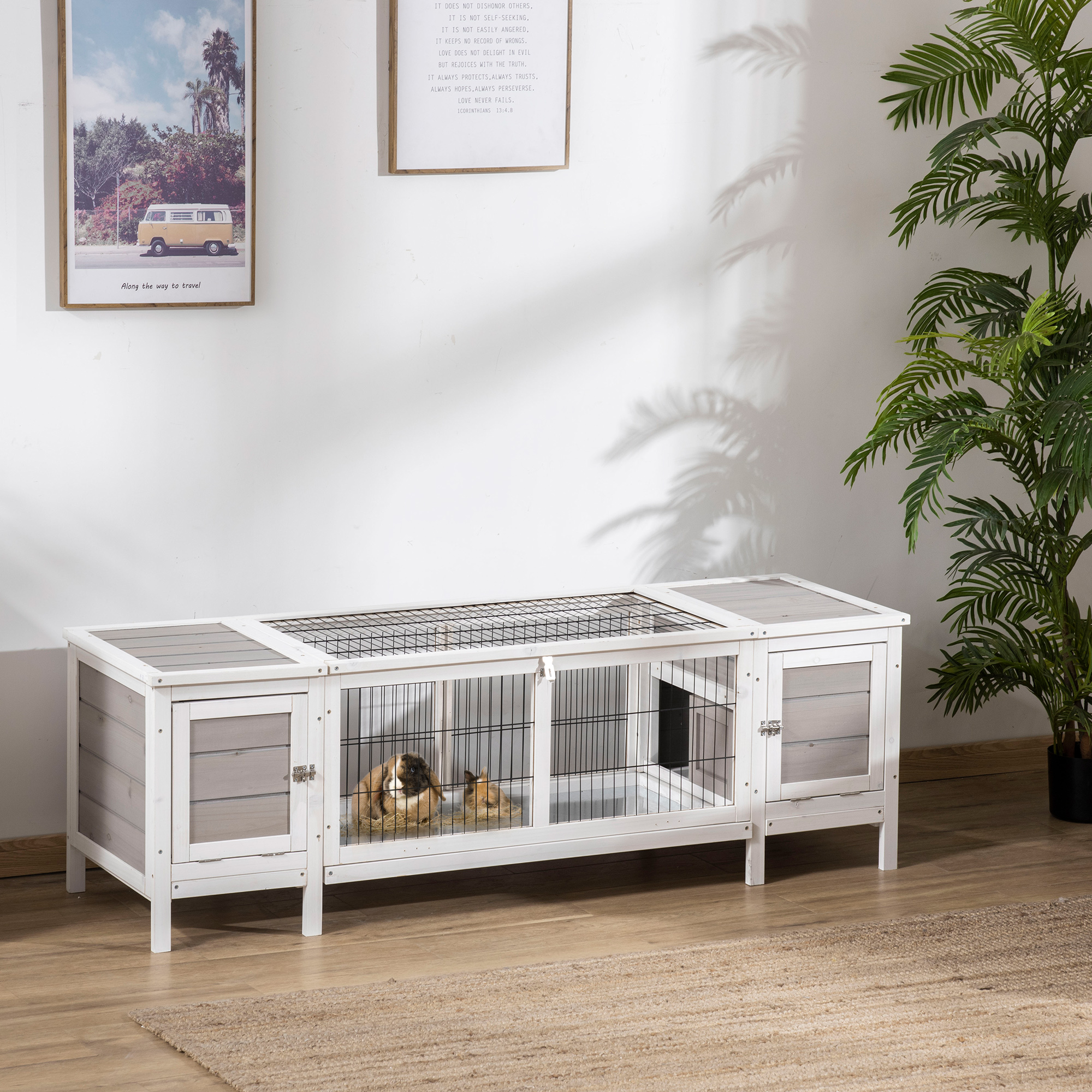 PawHut Rabbit Hutch and Run, with Removable Tray Grey 2