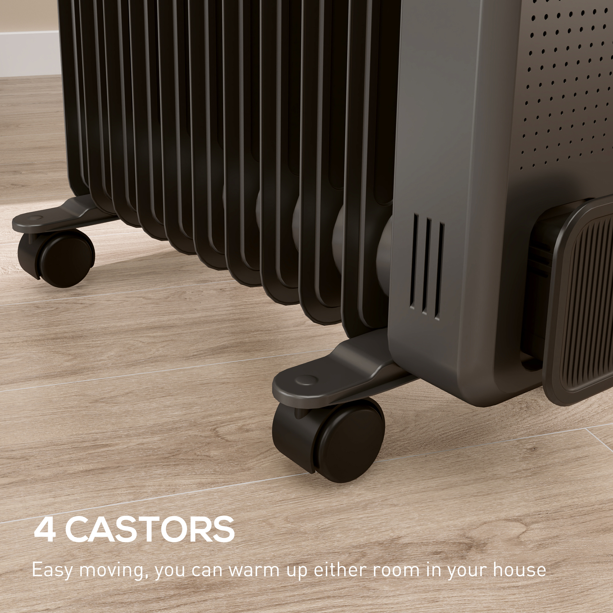 HOMCOM 2500W Oil Filled Radiator, 11 Fin, Portable Electric Heater with 3 Heat Settings, Safety Cut-Off and Wheels, Grey 9