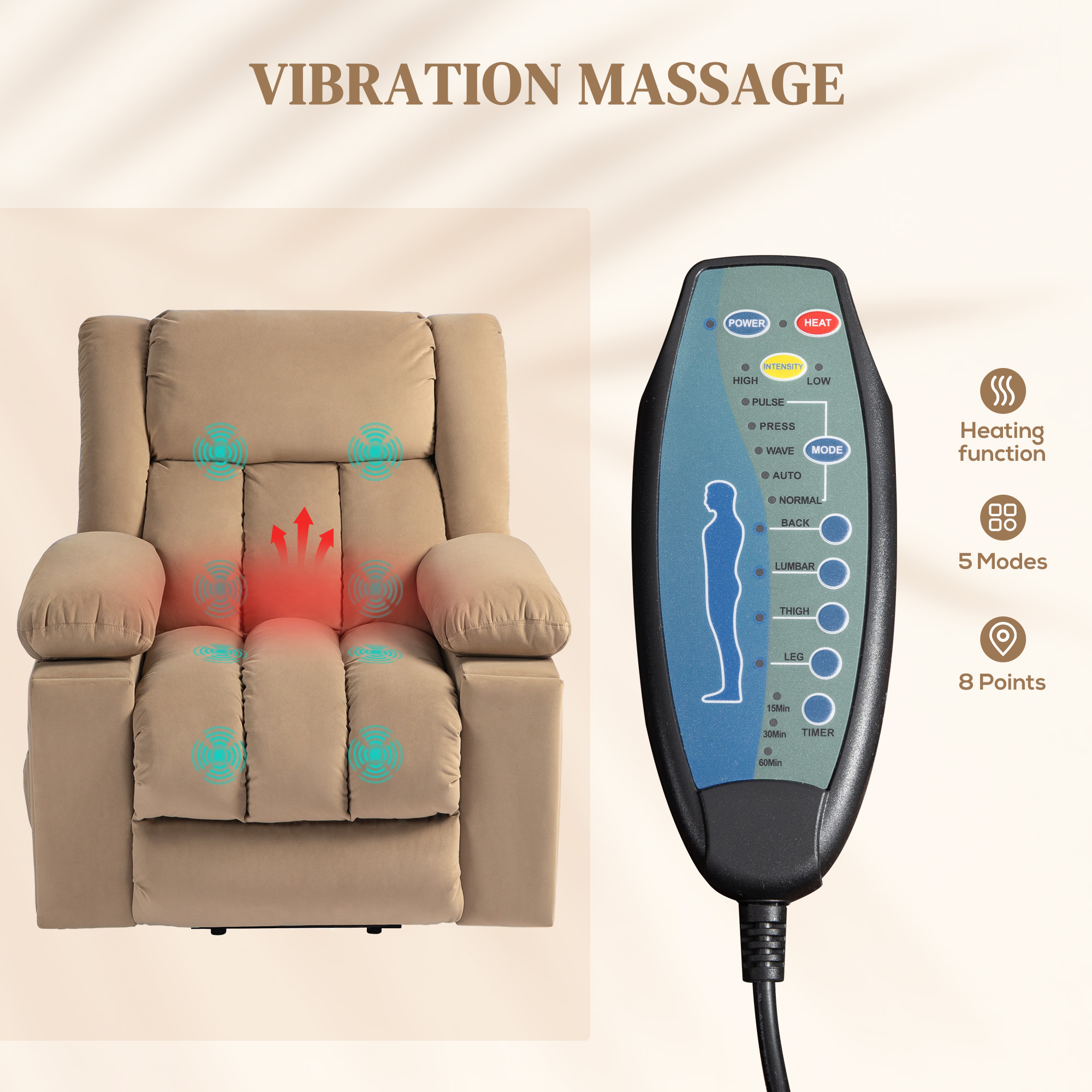 HOMCOM Velvet-Feel Electric Riser, Recliner and Massage Armchair Light Brown 5