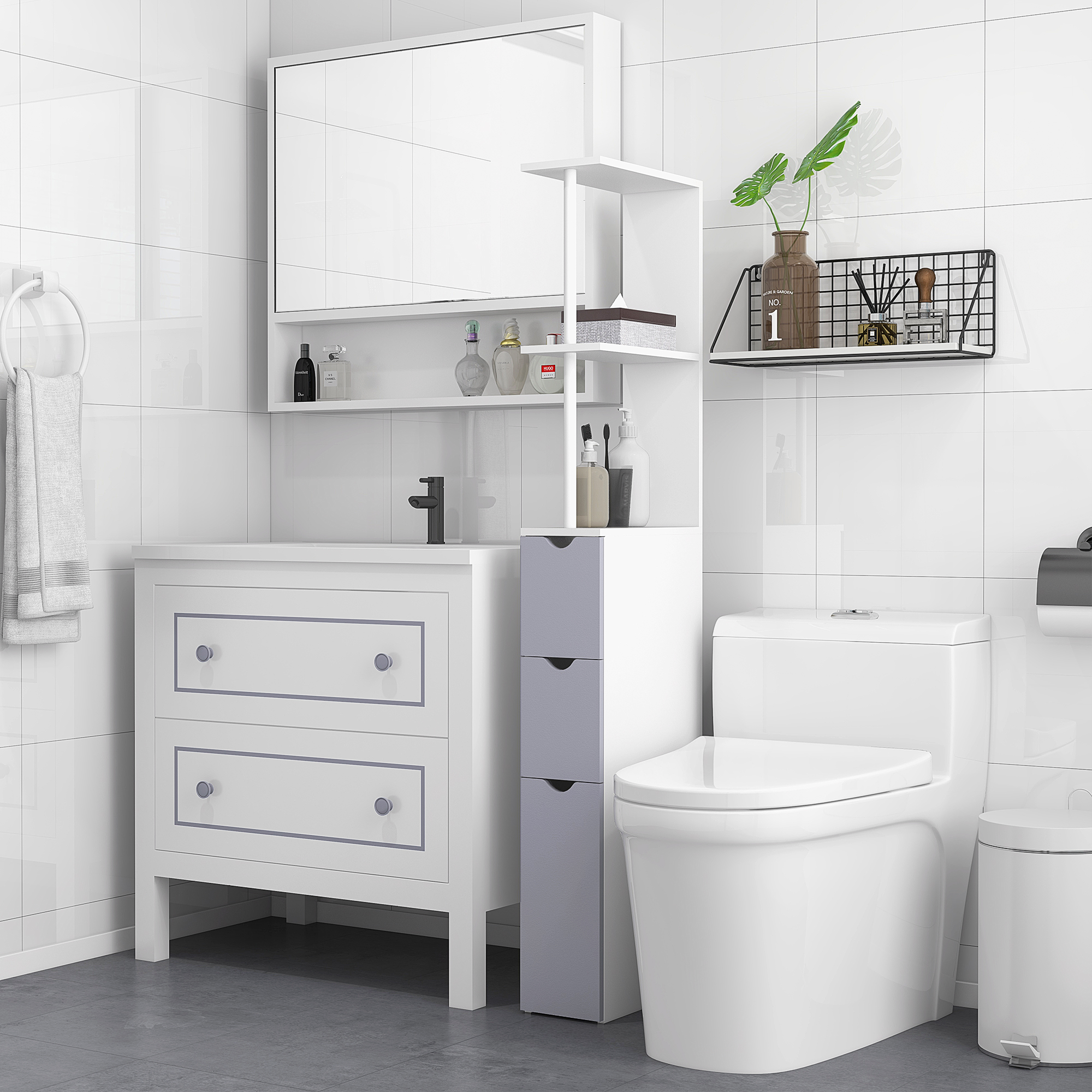 Mobiletto Bagno Stretto HOMCOM - Con 2 Ripiani, 2 Cassetti E Anta, Grigio, Dimensioni 15x33x136.5 Cm