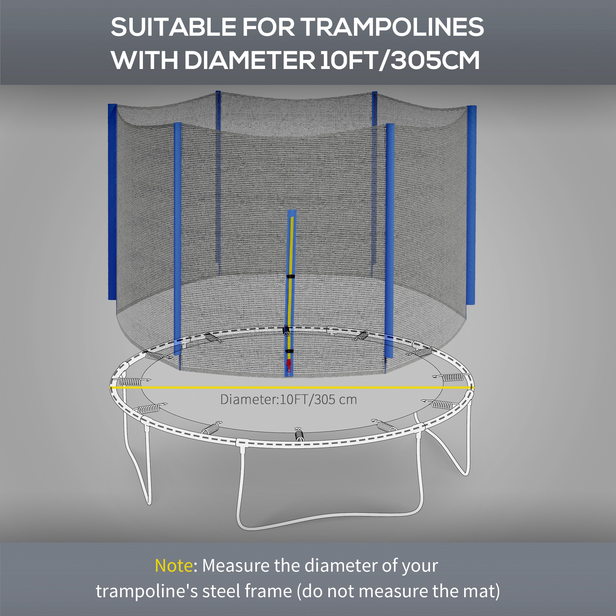 SPORTNOW 10ft Trampoline Net Replacement with 6 Plastic Pole Covers, Weather-Resistant Trampoline Netting Replacement with Zipped Entrance, Poles Not Included, Blue 4
