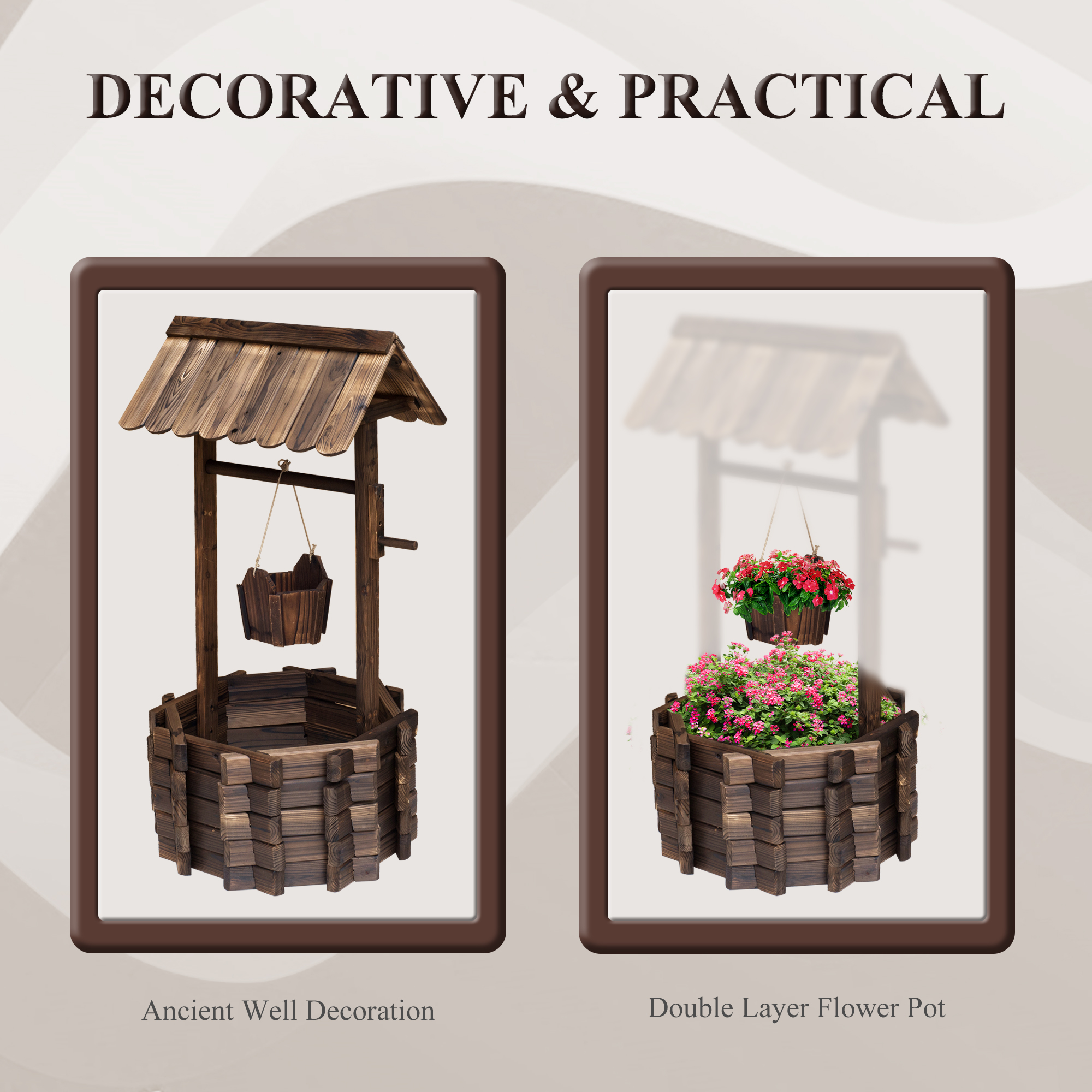 Outsunny Wooden Wishing Well Planter Outdoor Flower Pot Backyard Garden Decor w/ Bucket 4