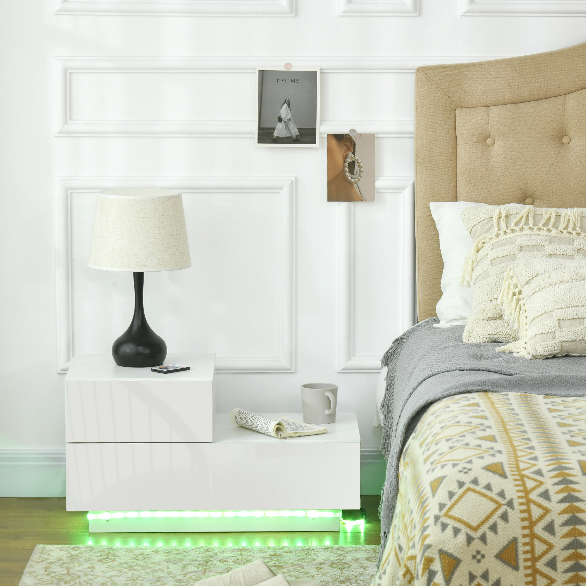 HOMCOM High Gloss Front Bedside Table with Drawers Nightstand with RGB LED Light and Remote for Bedroom Living Room White 2