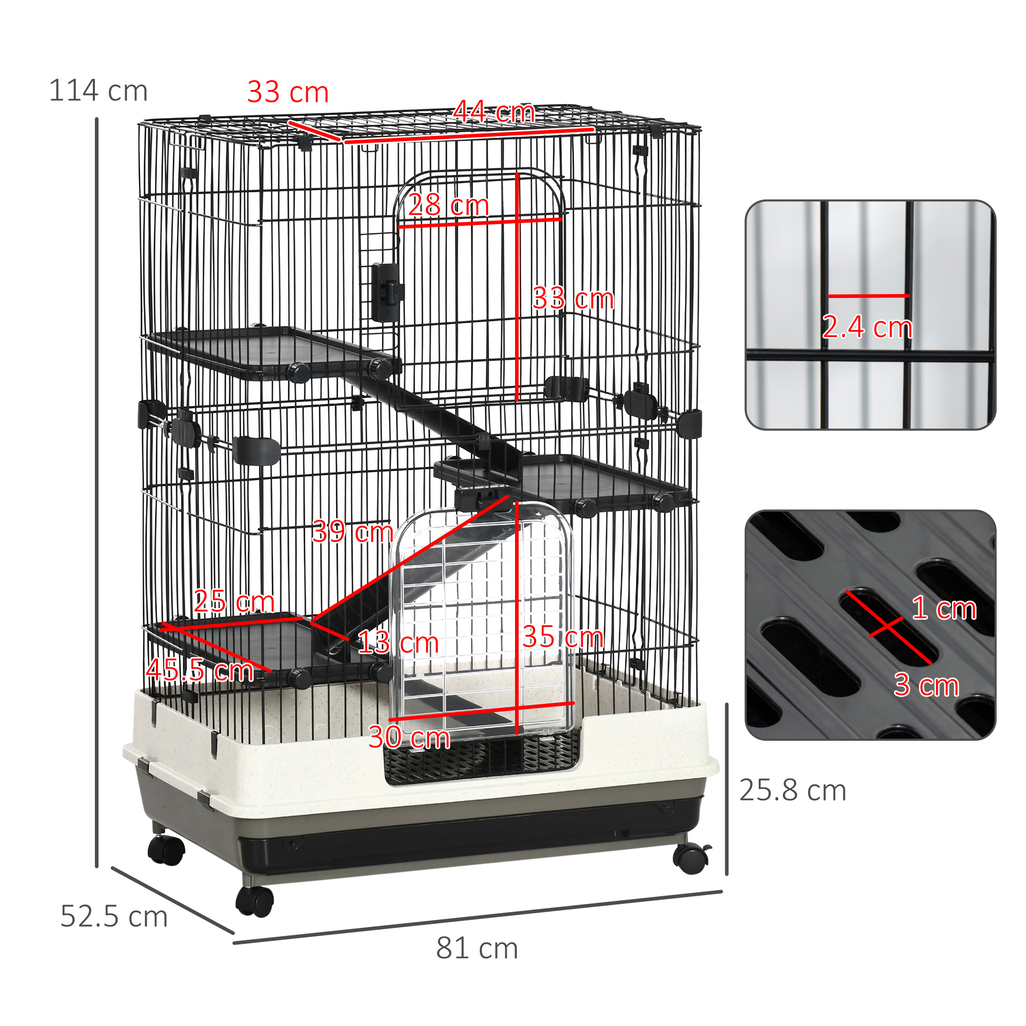 PawHut Four-Tier Small Animal Cage, for Bunnies, Ferrets, Chinchillas w/ Wheels, Tray Black 3