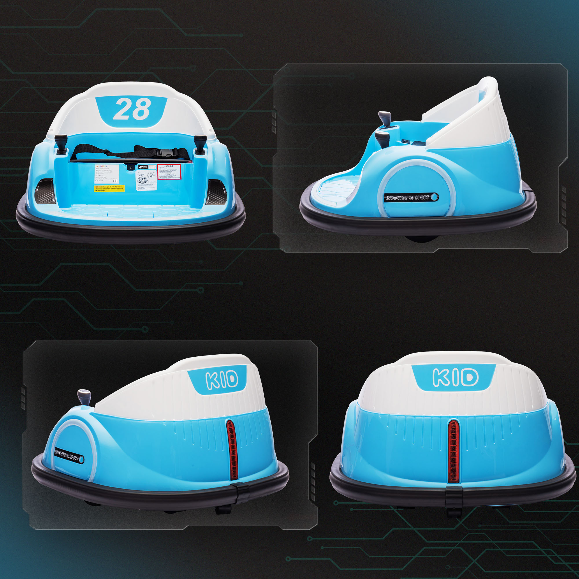 AIYAPLAY 360° Rotation Kids Bumper Car, 12V Waltz Car with Remote Control, Dual Joystick, Music, Lights, Light Blue 9