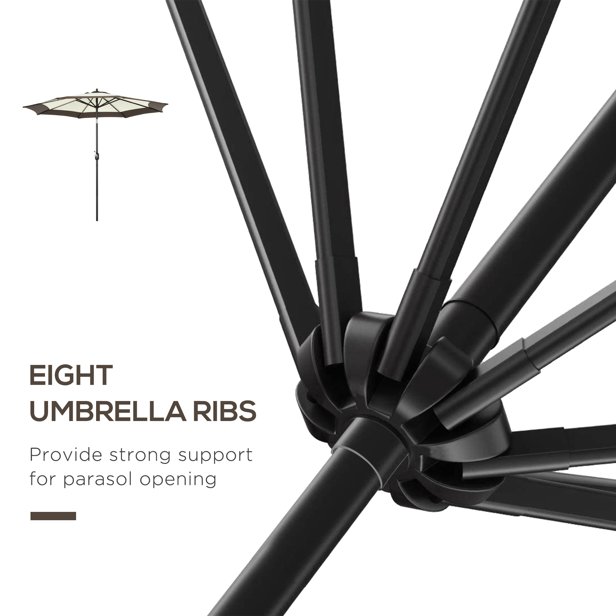 Outsunny 2.7m Garden Parasol Umbrella with 8 Metal Ribs, Tilt and Crank, Outdoor Sunshades for Garden, Patio, Beach, Yard, Coffee 7