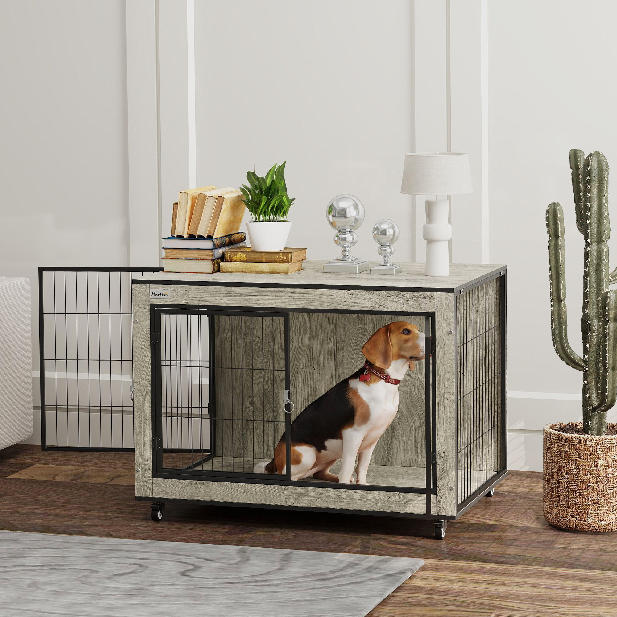 PawHut Dog Crate Furniture with Wheels, Double Doors, for Medium Dogs, Grey 2