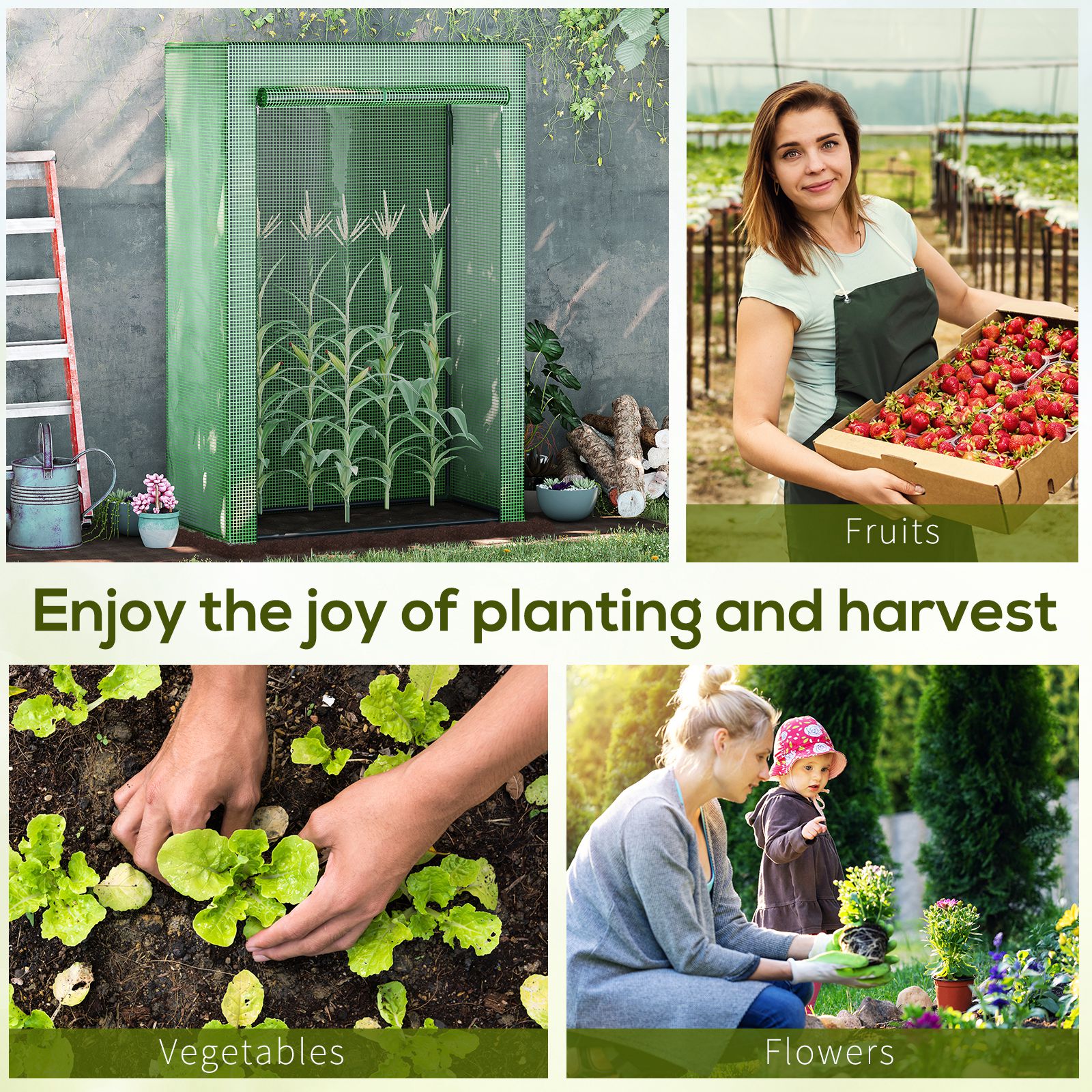 Outsunny 100 x 50 x 150cm Tomato Greenhouse Steel Frame PE Cover with Roll-up Door Outdoor for Backyard, Balcony, Garden, Green 6