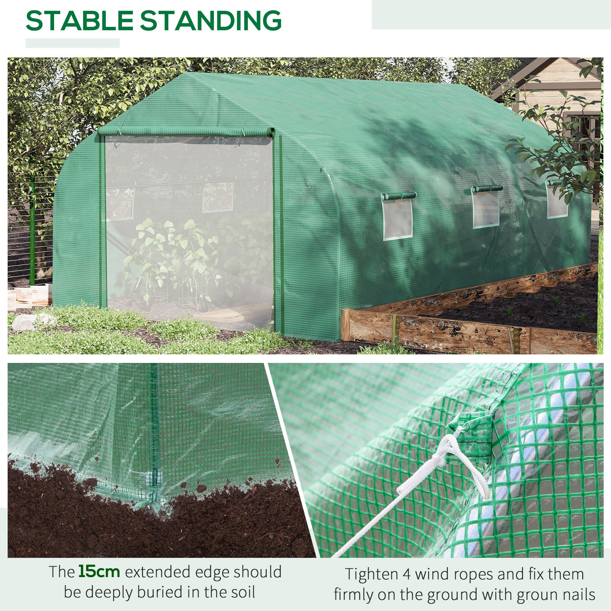 Outsunny Walk-in Polytunnel Garden Greenhouse, Outdoor Mesh Door Greenhouse with PE Cover and 6 Windows, 4.5 x 3 x 2m, Green 5