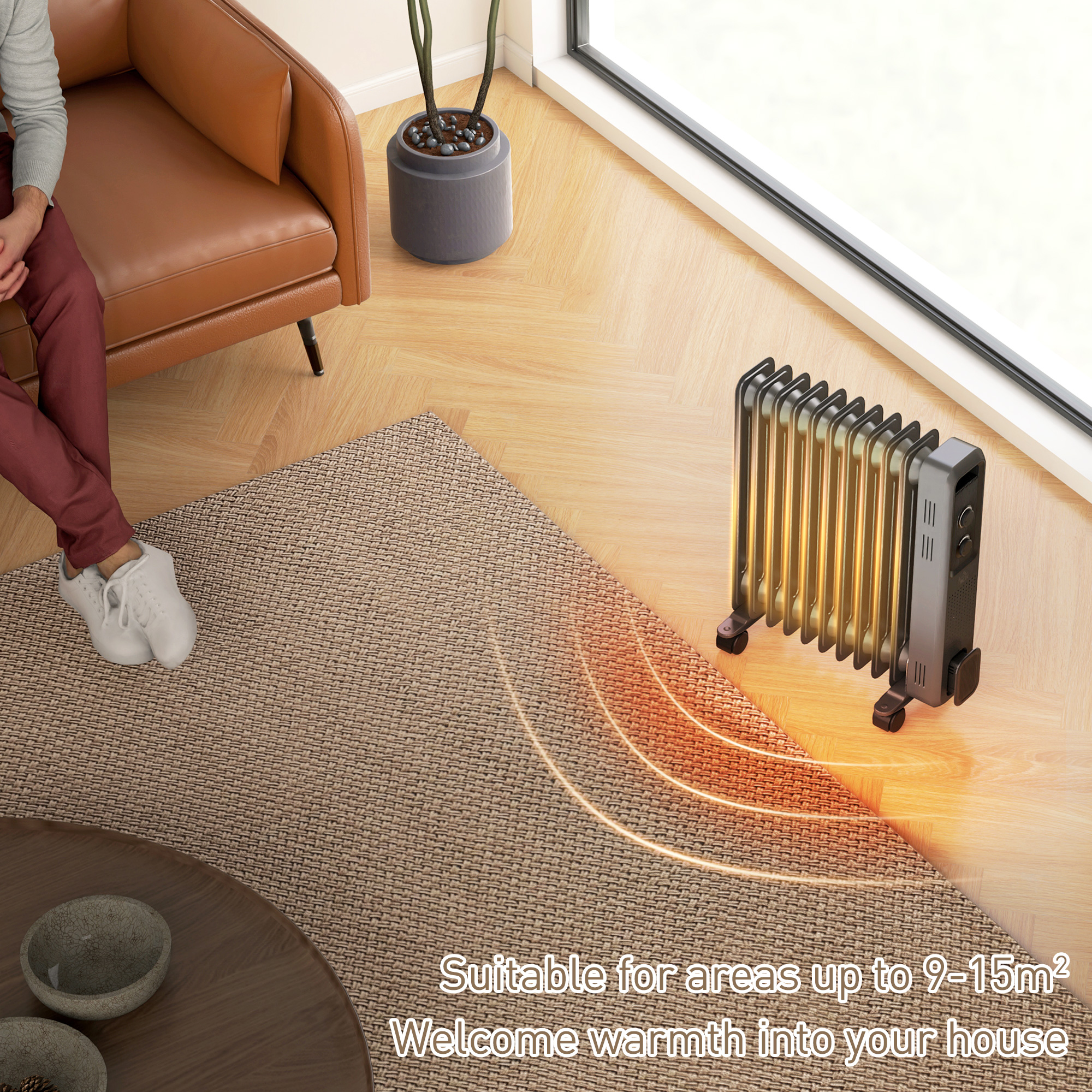 HOMCOM 2500W Oil Filled Radiator, 11 Fin, Portable Electric Heater with 3 Heat Settings, Safety Cut-Off and Wheels, Grey 4