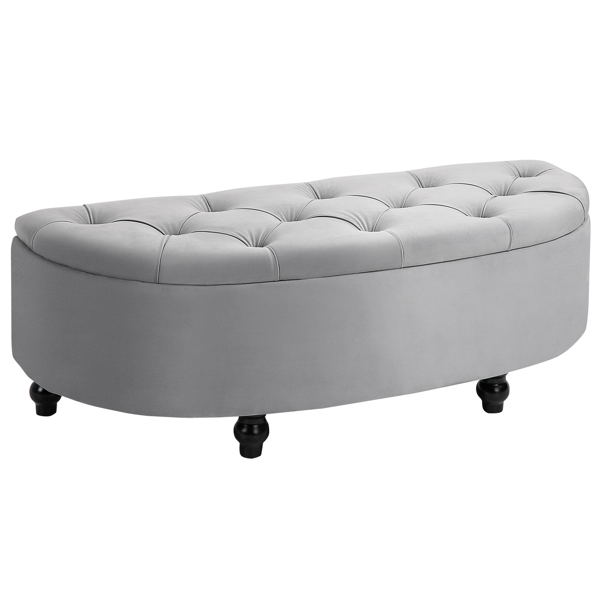 HOMCOM Banc de rangement coffre pouf de rangement design classique capitonnée semi cercle velours pieds en bois de hévéa 120 x 46 x 42 cm gris clair