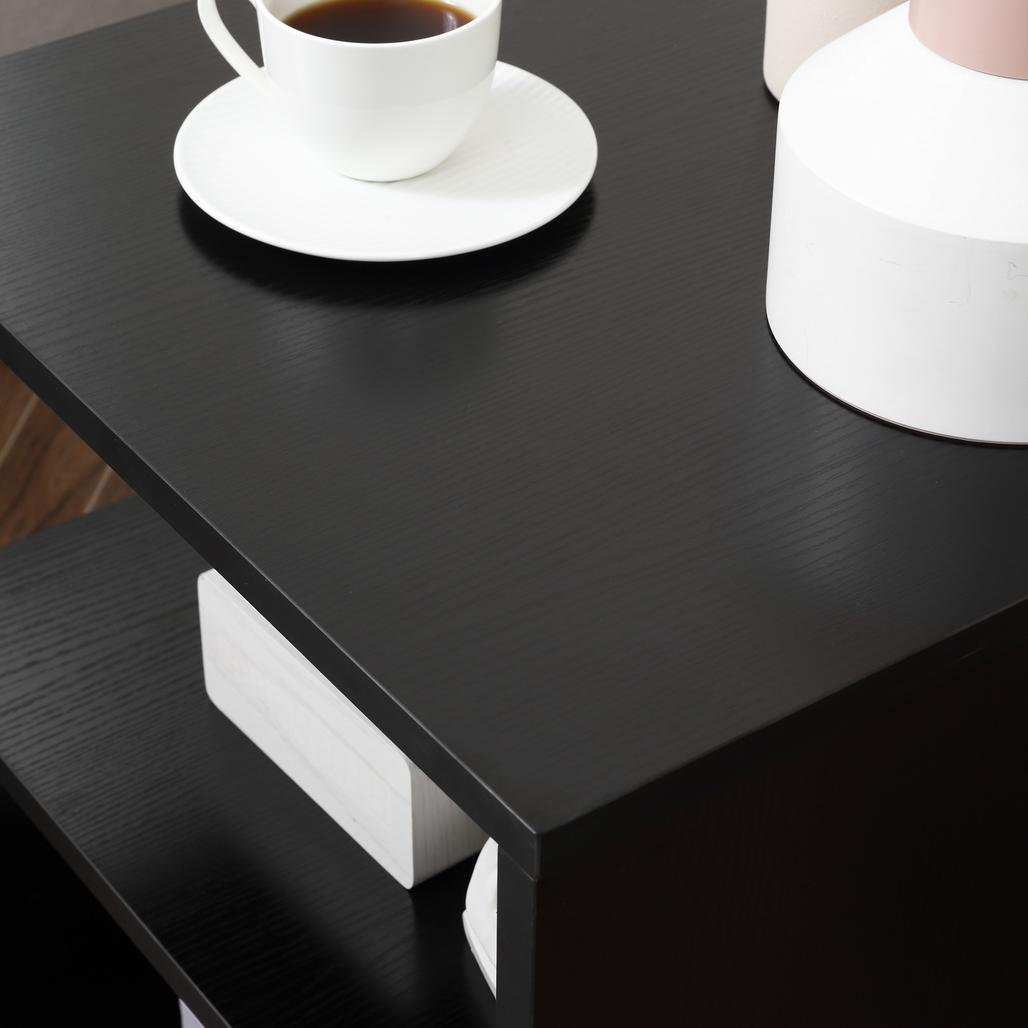 HOMCOM Wooden S Shape Cube Coffee Table 2 Tier Storage Shelves Organizer Office Bookcase Living Room End Desk Stand Display (Black) 7