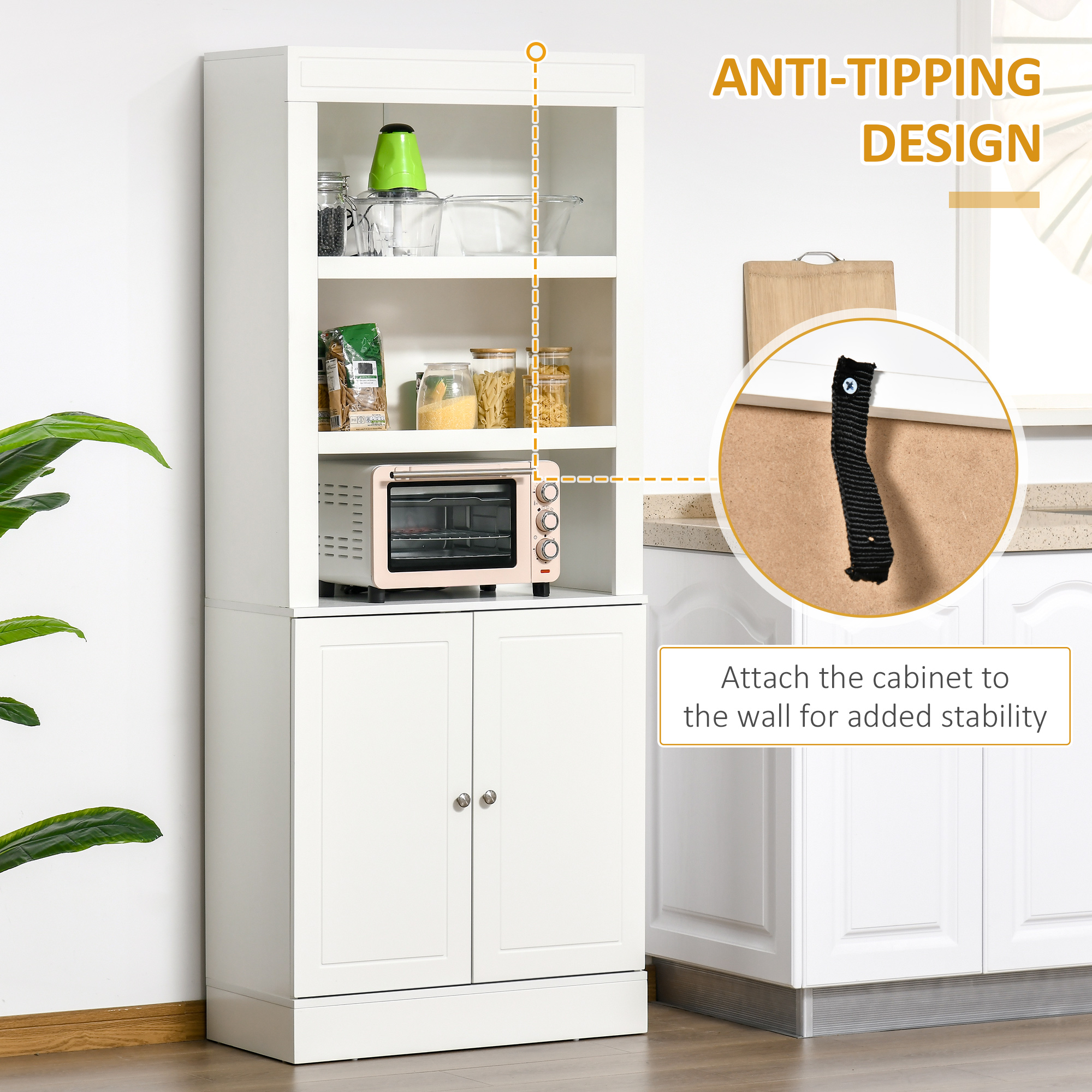 HOMCOM Kitchen Cupboard with 6-tier Shelving, Freestanding Storage Cabinet, Pantry Cupboard with 3 Open Compartments and Double-door Cabinet with Adjustable Shelves, White 8