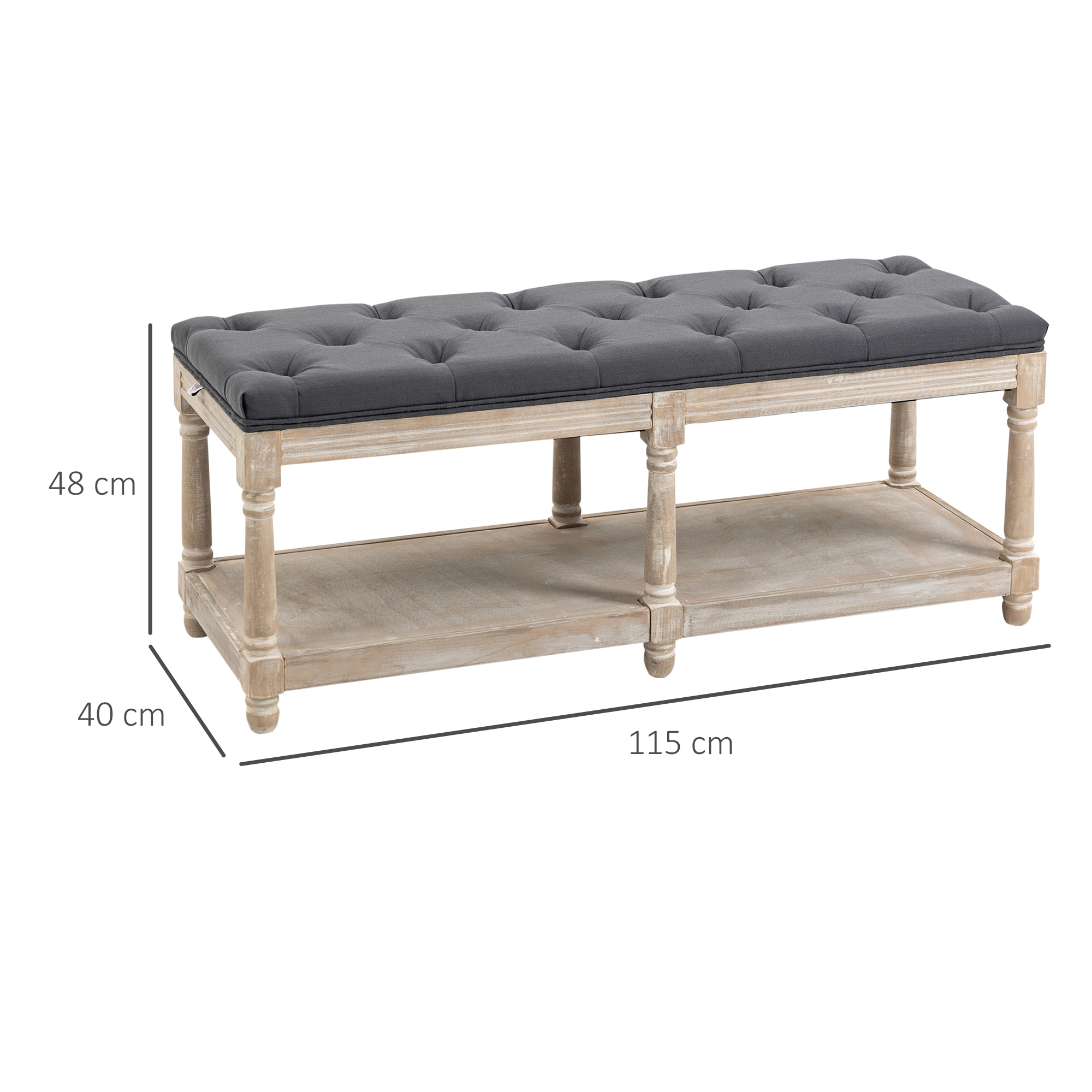 HOMCOM 2-Tier Bed End Bench, Vintage Stool, Wooden Window Seat with Storage Shelf, Button Tufted Upholstered Footstool for Living Room, Bedroom, Entryway, Grey 3