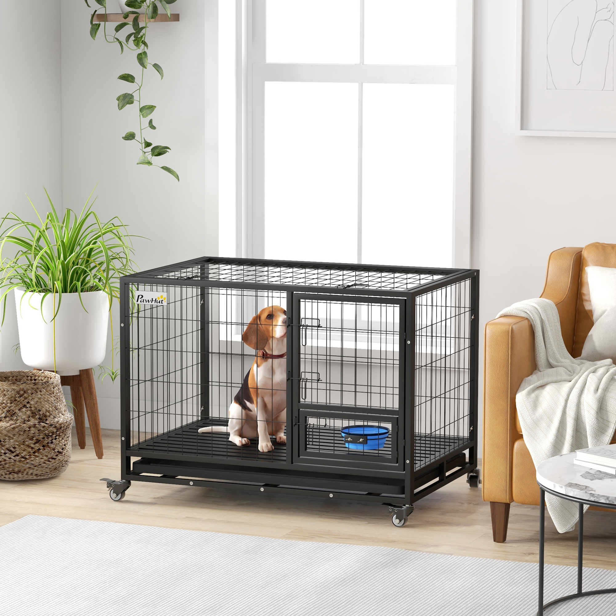 PawHut Heavy Duty Dog Crate on Wheels w/ Bowl Holder, Removable Tray, Openable Top, Detachable Door, for L, XL Dogs 2