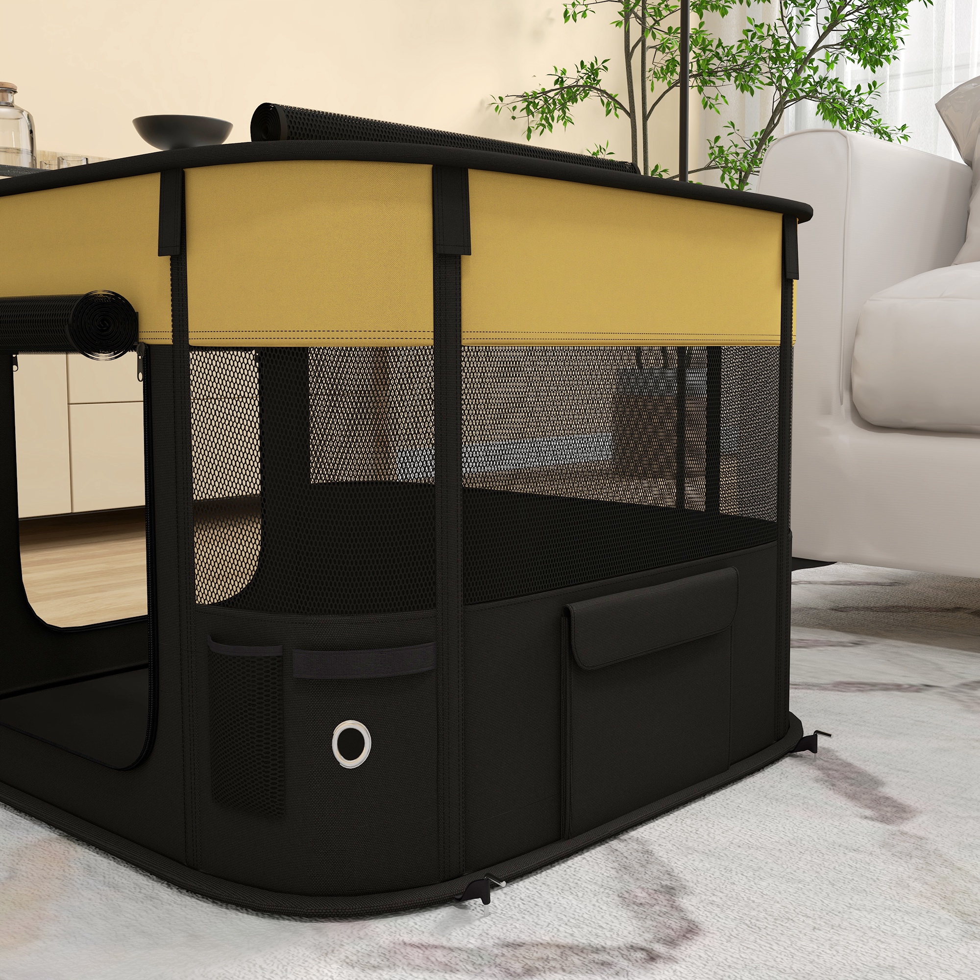 PawHut Foldable Dog Pen with Storage Bag for Indoor/Outdoor Use, Portable Pet playpen, with Ground Stakes Yellow 9