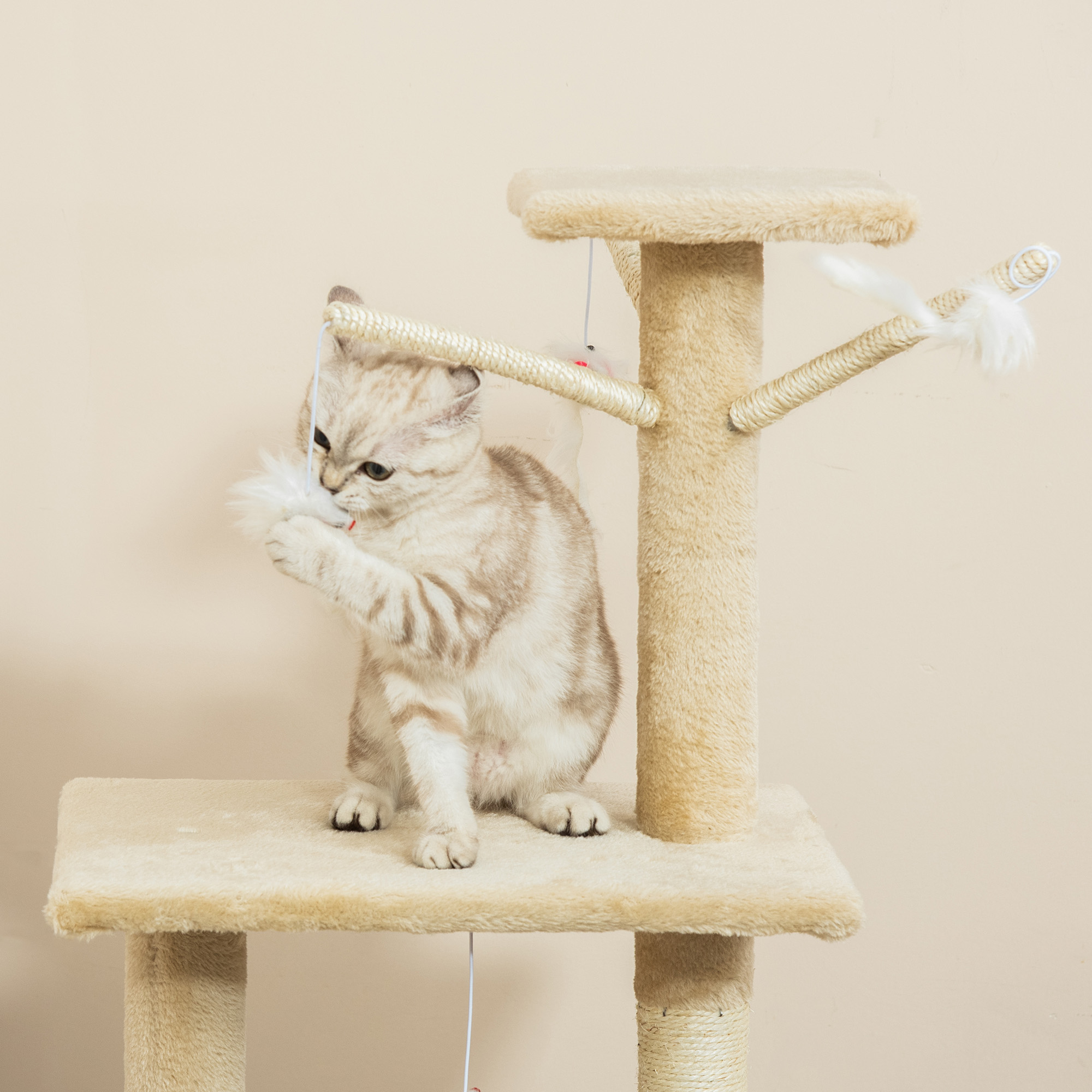 PawHut Multi-Level Cat Tree with Scratching Post, Ladder, Cat House, Beige 9