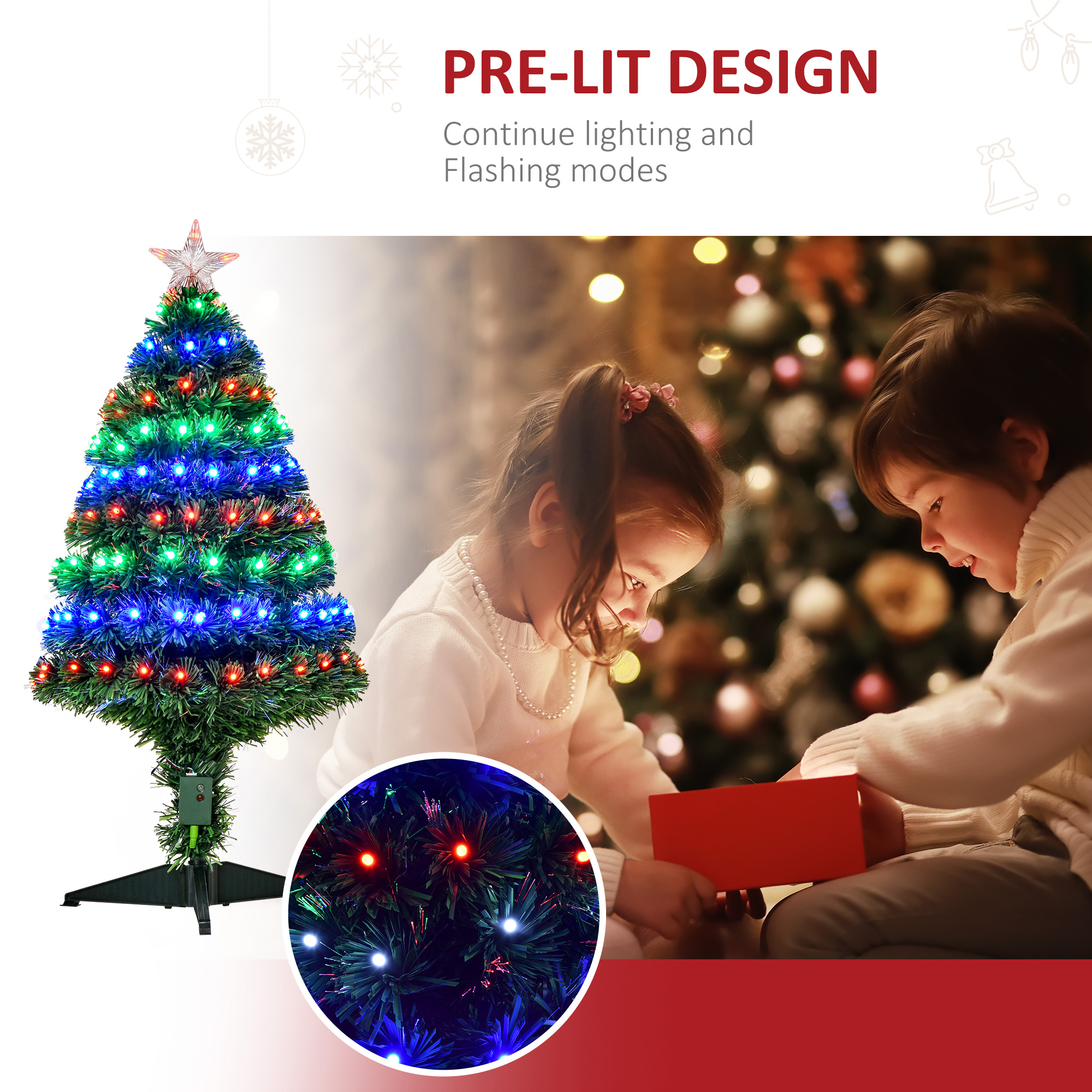 HOMCOM 3 Feet Prelit Artificial Christmas Tree with Multi-Coloured Fiber Optic LED Light, Holiday Home Xmas Decoration, Green 5
