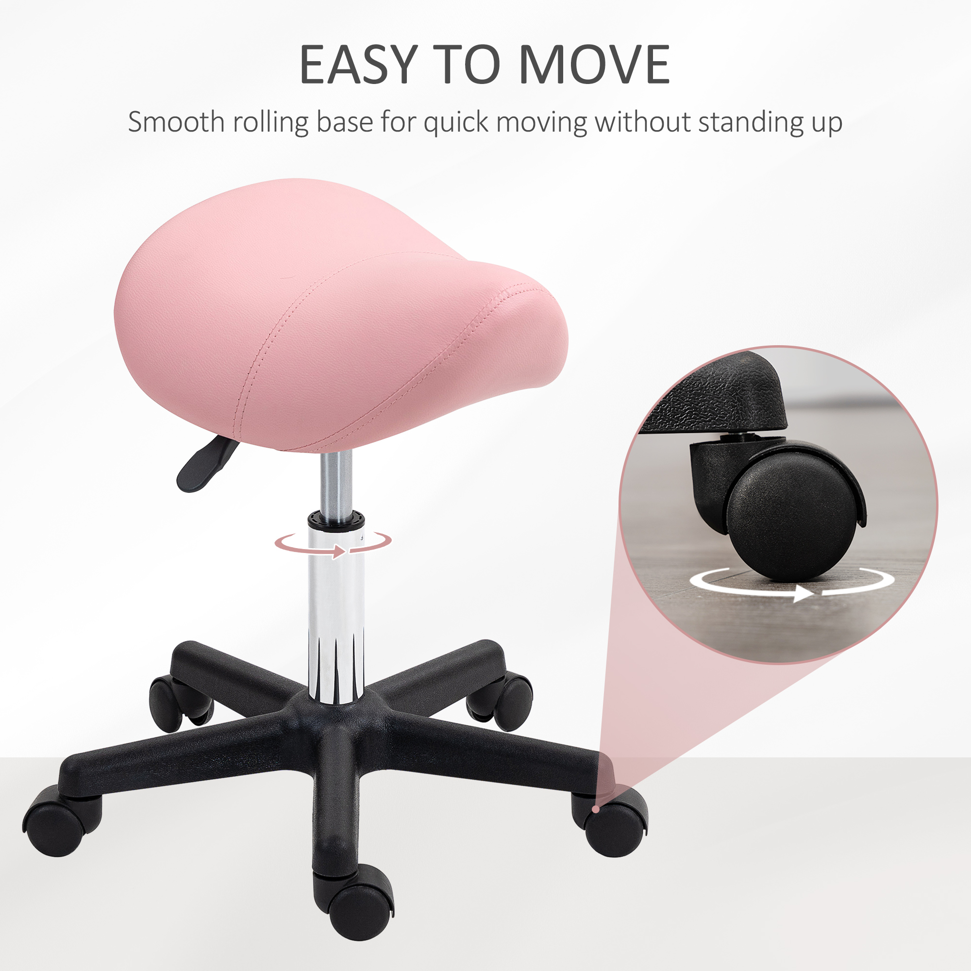 HOMCOM Saddle Stool, PU Leather Adjustable Rolling Salon Chair with Steel Frame for Massage, Spa, Beauty and Tattoo, Pink 5