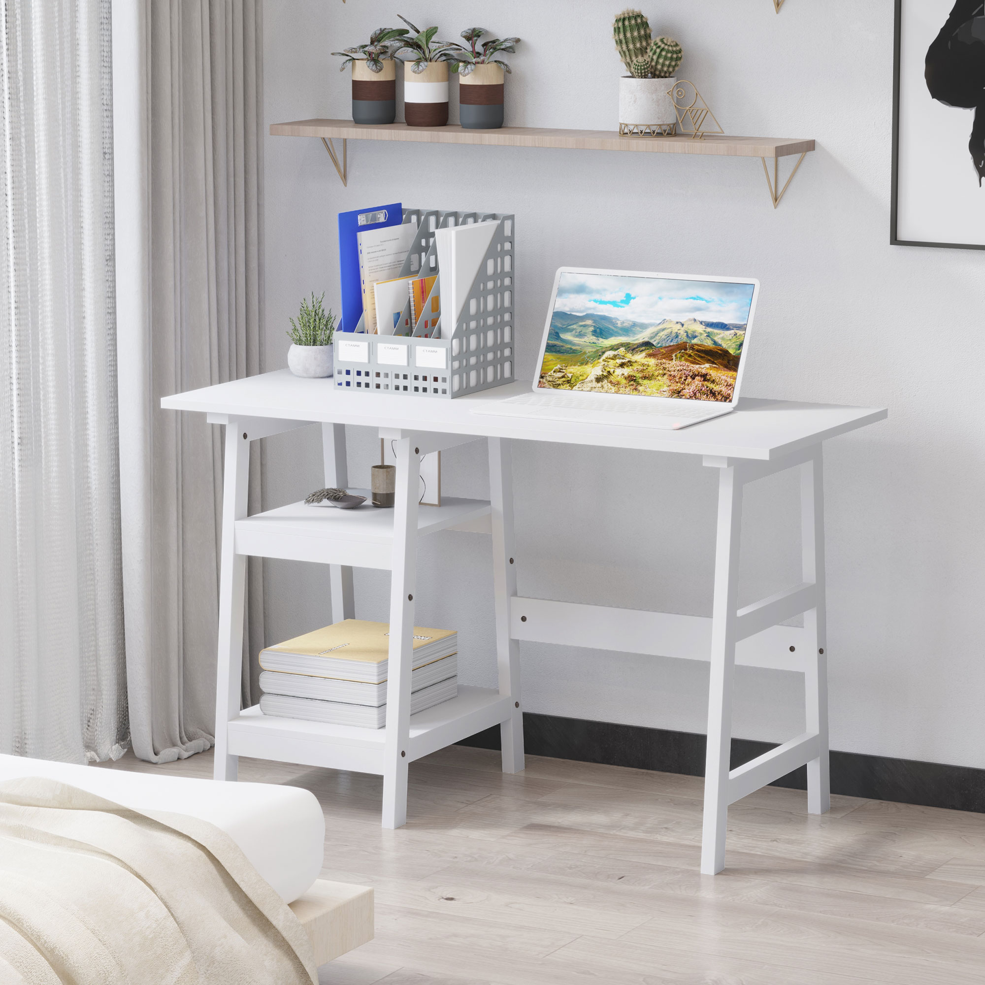 HOMCOM Compact Computer Desk with Storage Shelves, Study Table with Bookshelf, PC Table Workstation for Home Office, Study, Easy Assembly, 120 x 51cm, White 2