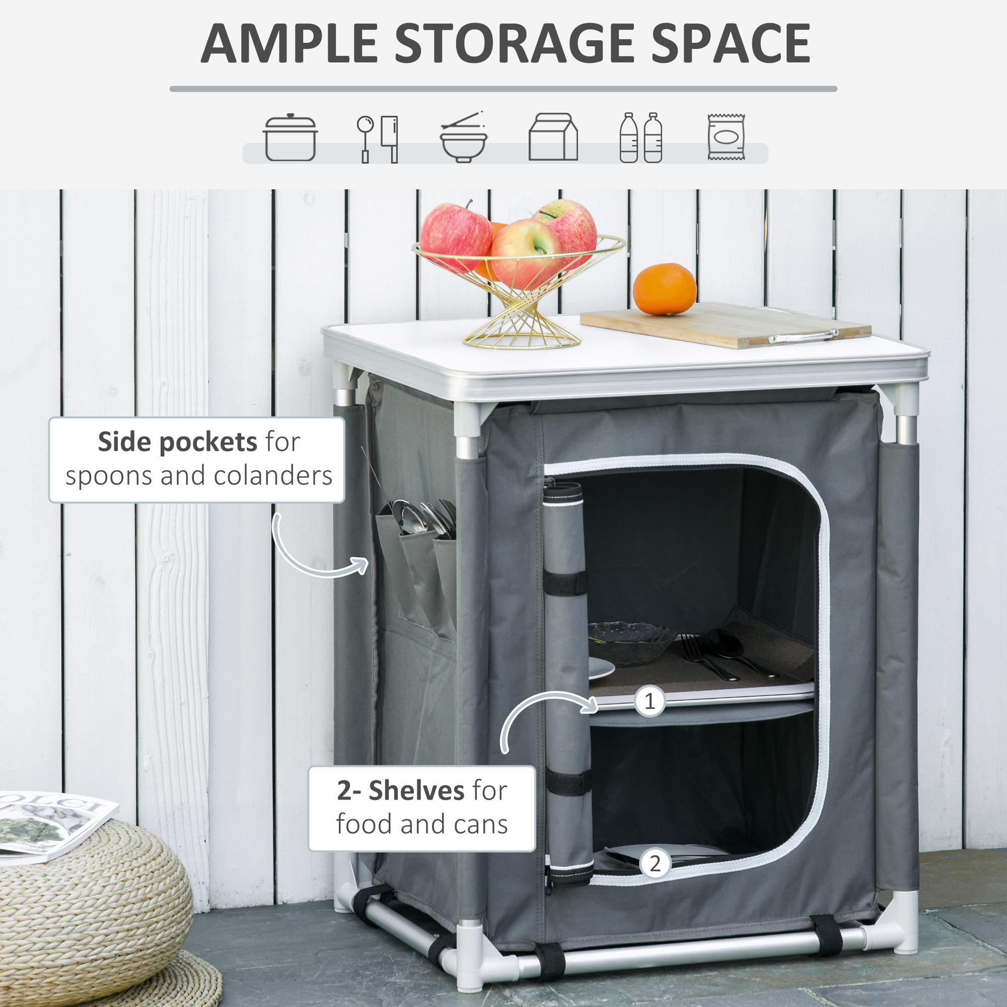 Outsunny 2-Shelf Camping Cupboard Camping Kitchen Station Cook Table Aluminum, Storage Organiser for BBQ Party Picnics Backyards with Carrying Bag 6