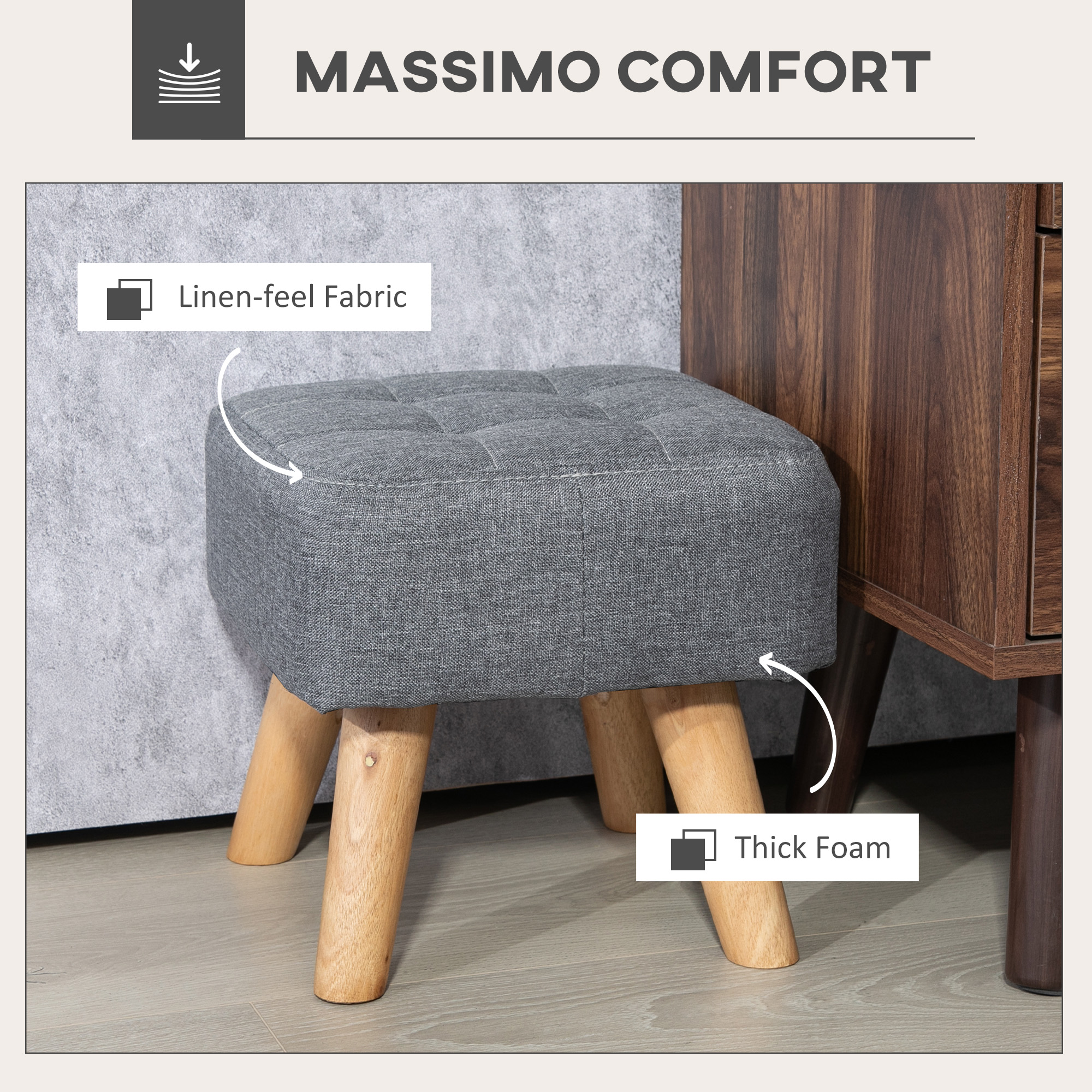HOMCOM Linen-Look Square Padded Footstool Grey 5