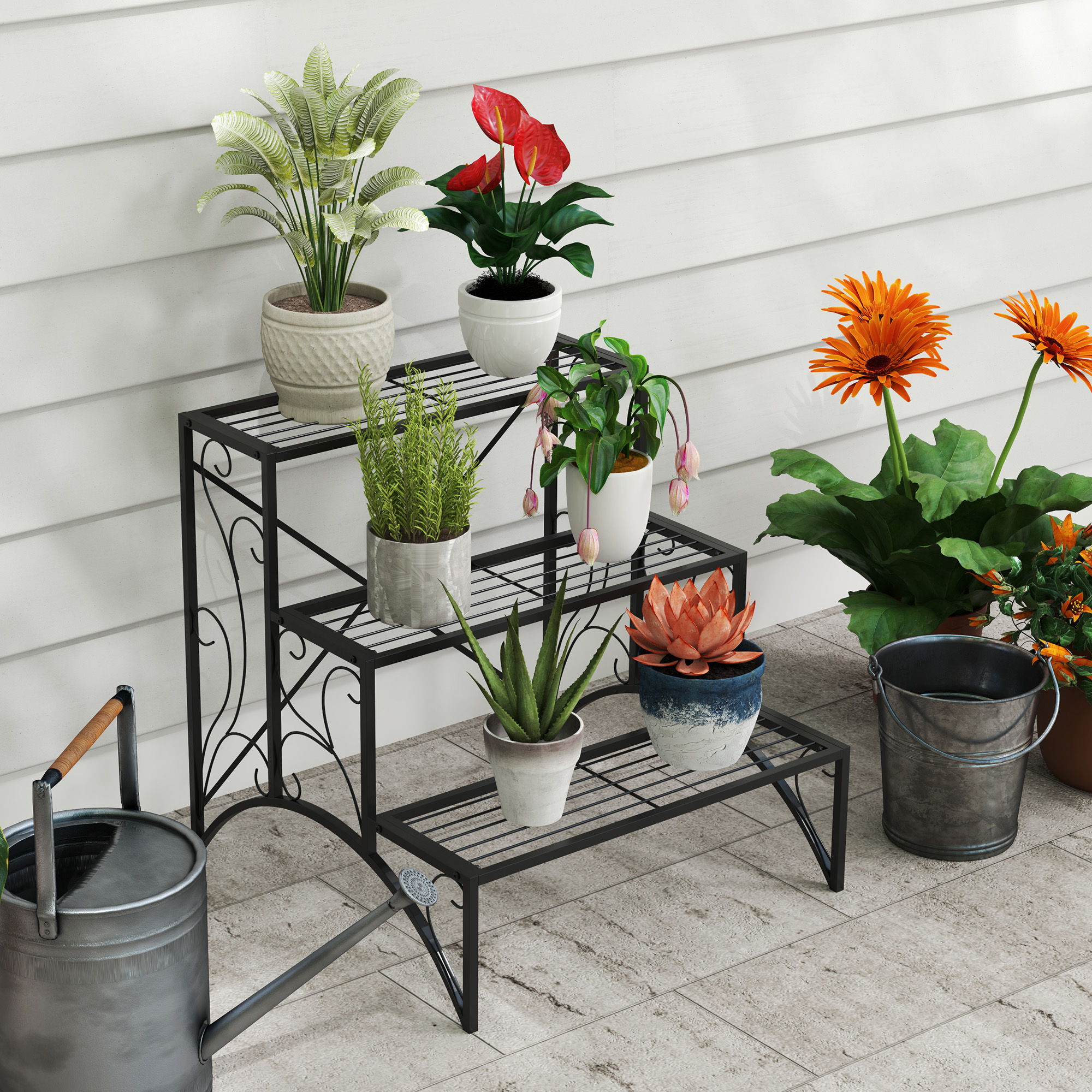 Supporti Per Piante In Metallo - Set Da 5, Portavasi In Ferro, Diametro 23 Cm, Altezza 10 Cm, Design Con Motivi, Per Interni Ed Esterni, Colore Nero - 3