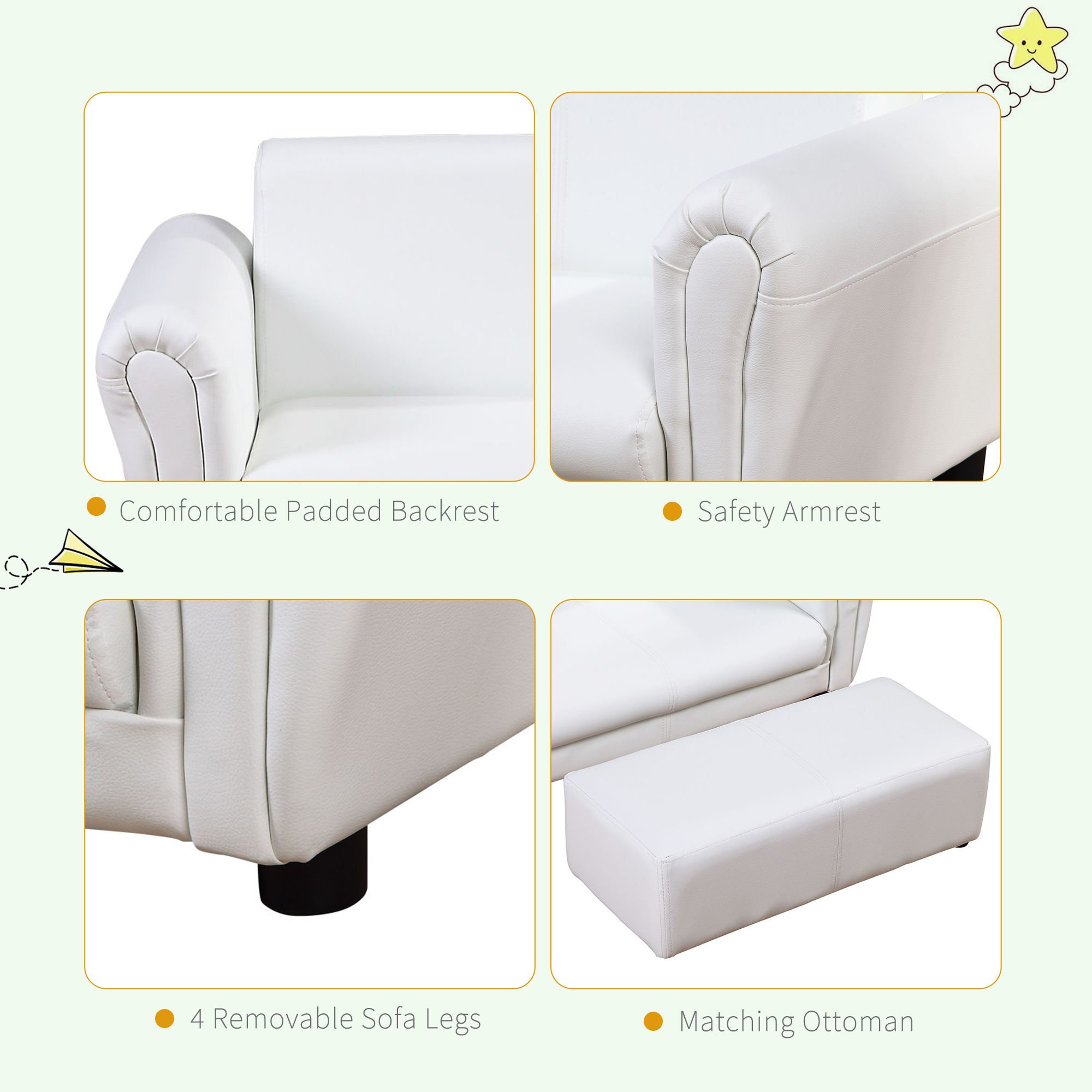 HOMCOM 2 Seater Toddler Chair Kids Twin Sofa Childrens Double Seat Chair Furniture Armchair Boys Girls Couch w/ Footstool (White) 7