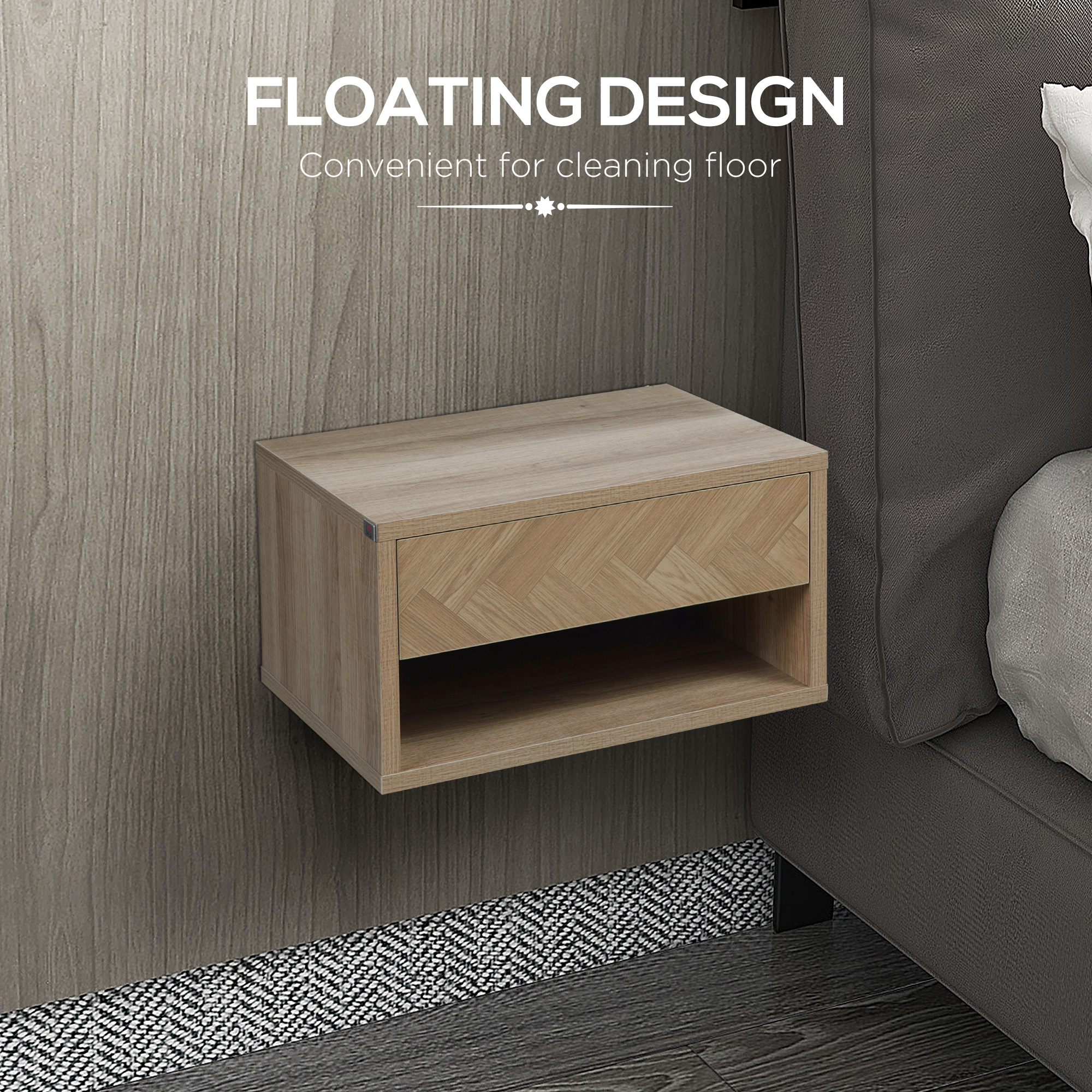 HOMCOM 2 Pieces Bedside Table Wall Mounted Nightstand with Drawer and Shelf for Bedroom, 37 x 32 x 21cm, Natural 5