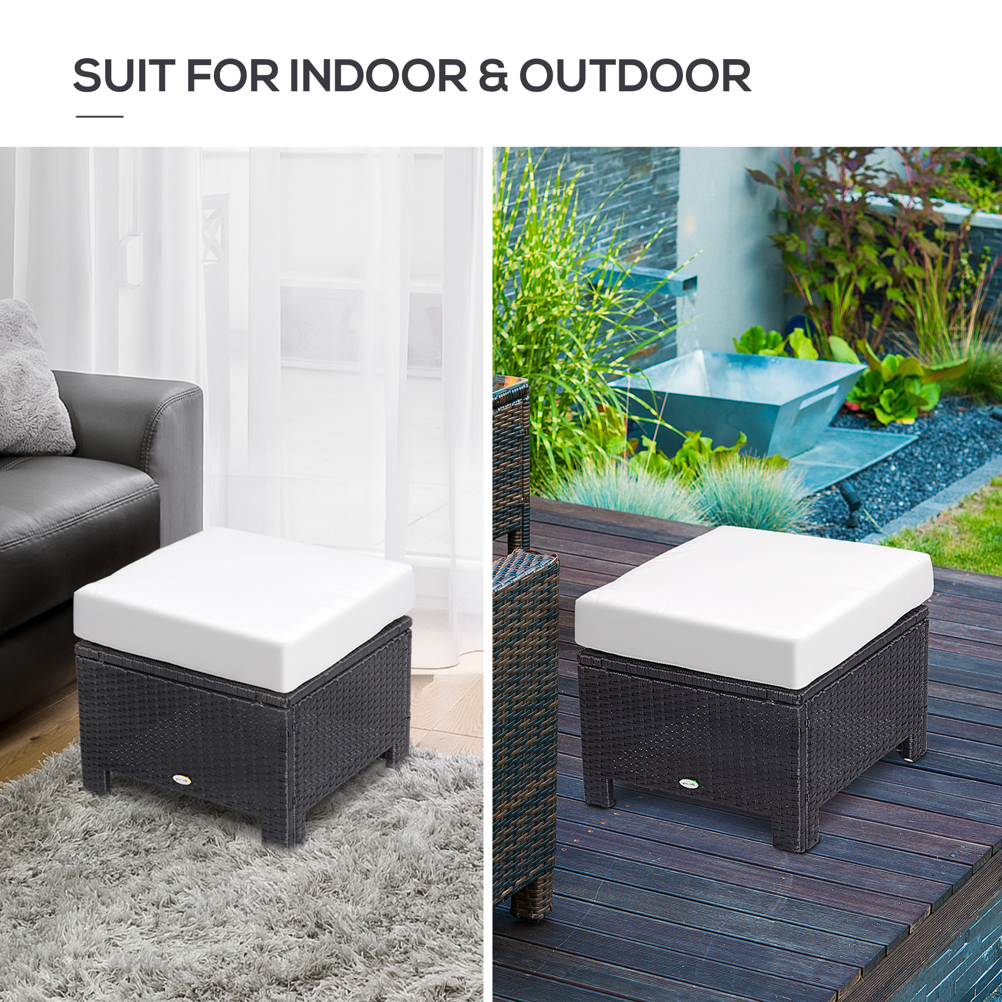 Outsunny Rattan Footstool Wicker Ottoman with Padded Seat Cushion Outdoor Patio Furniture for Garden Poolside Living Room, 50 x 50 x 35 cm, Black 6