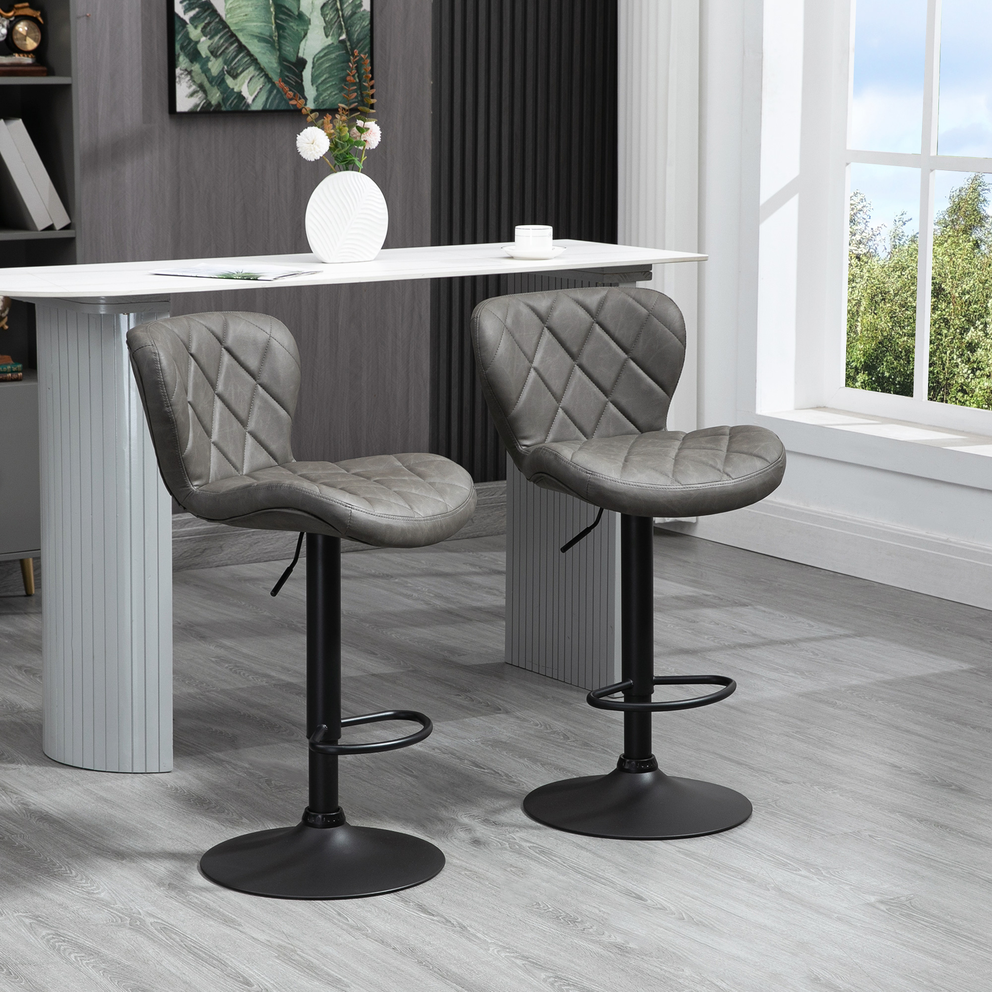HOMCOM Bar Stools, Set of 2 Breakfast Bar Chairs, Swivel Barstools with Backrest and Footrest, Steel Frame Diamond Pattern PU, for Kitchen Counter, Dining Room, Dark Grey 2