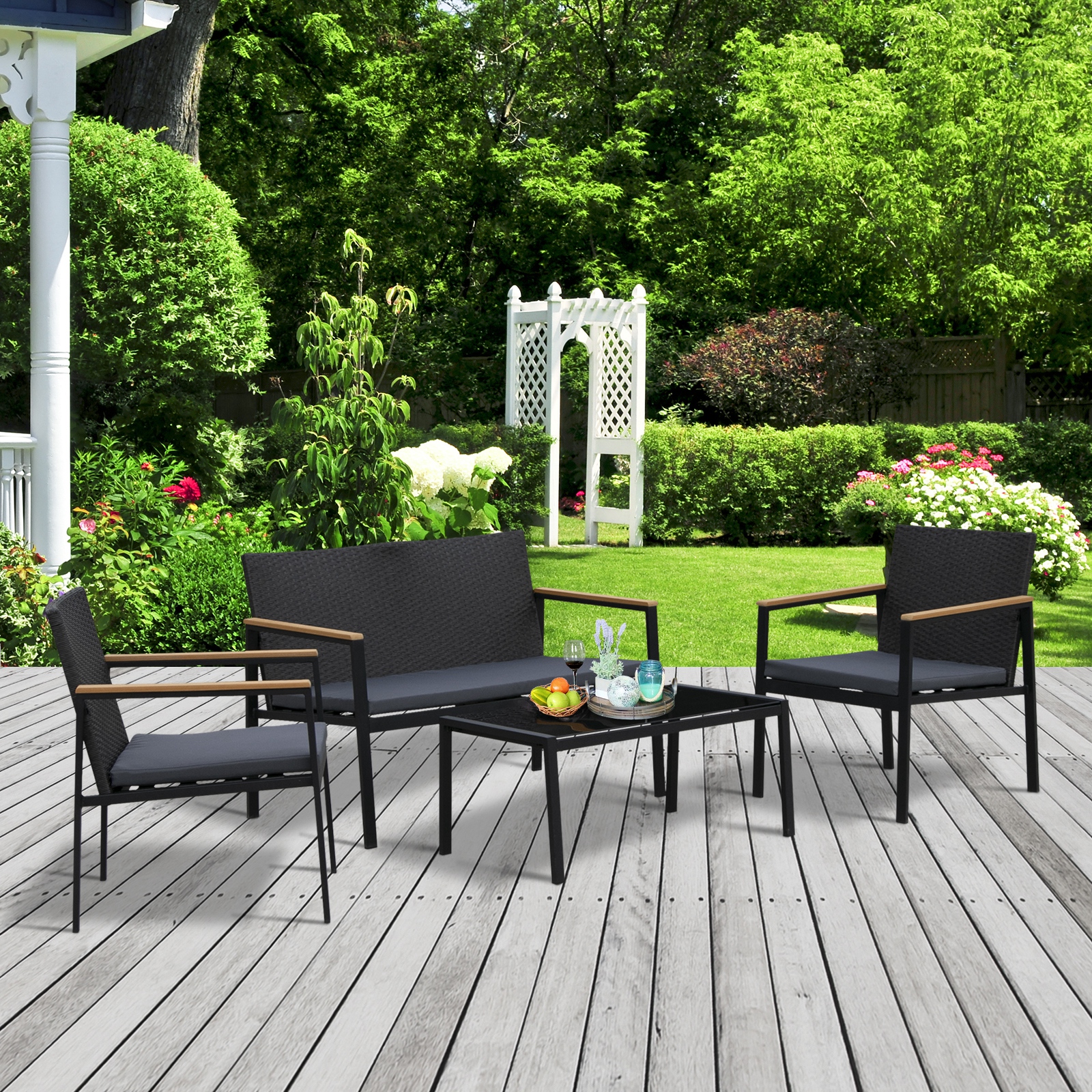 Outsunny 4 Pieces Rattan Garden Furniture Set, 4 Seater Garden Sofa Set with Loveseat, 2 Armchairs and Glass Top Coffee Table, Wicker Outdoor Conservatory Furniture with Cushions for Patio, Black 2