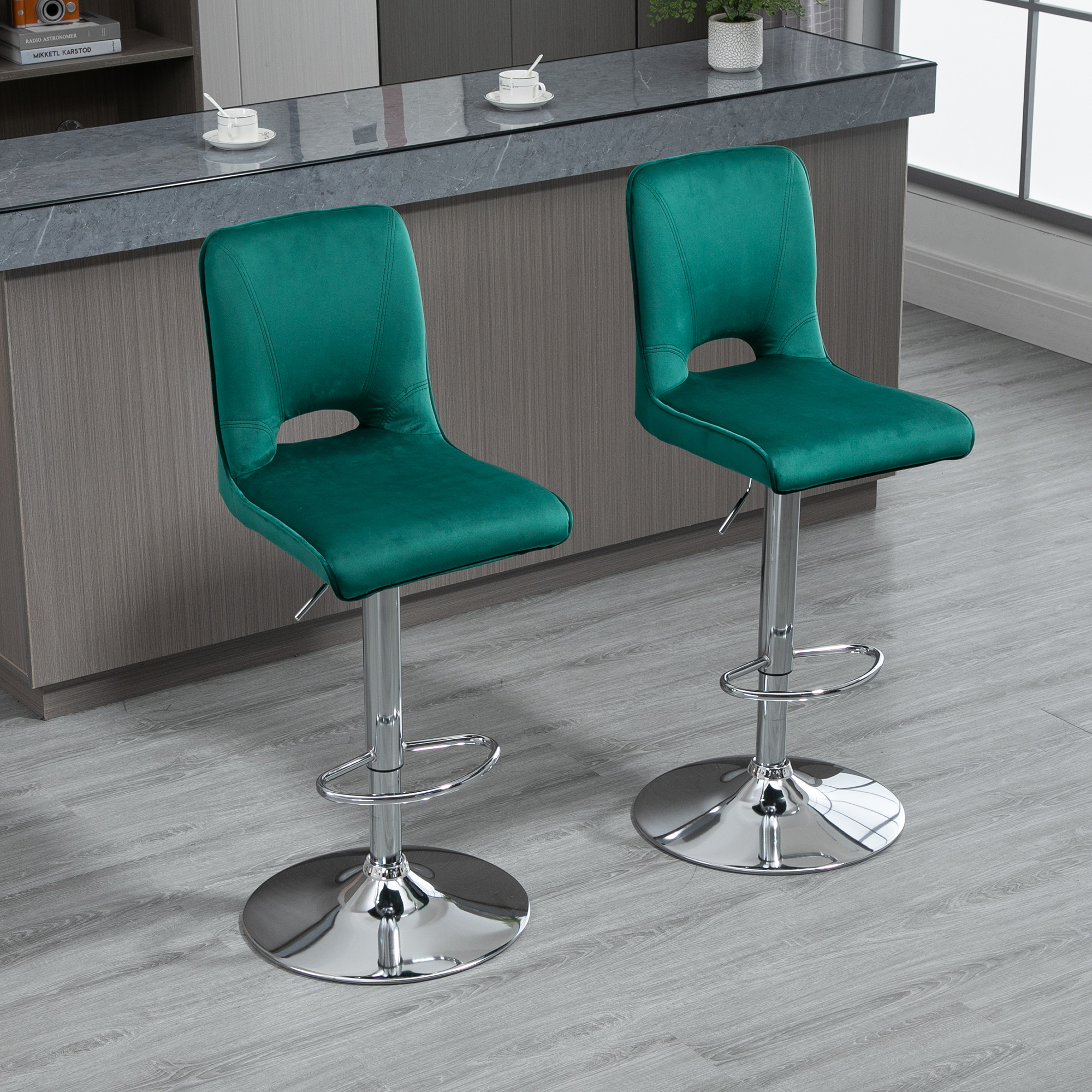 HOMCOM Set 2 Sgabelli Da Bar Regolabili In Altezza 59-80cm – Girevoli 360° Con Poggiapiedi – Tappezzeria In Microfibra Blu