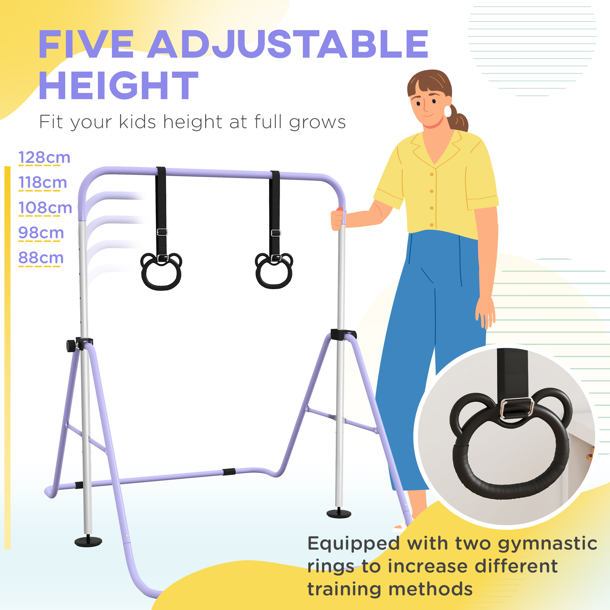 HOMCOM Adjustable Height, Foldable Kids Gymnastics Bar w/ Non-slip Rubber Floor Rings, for 3+ Years, Purple 4