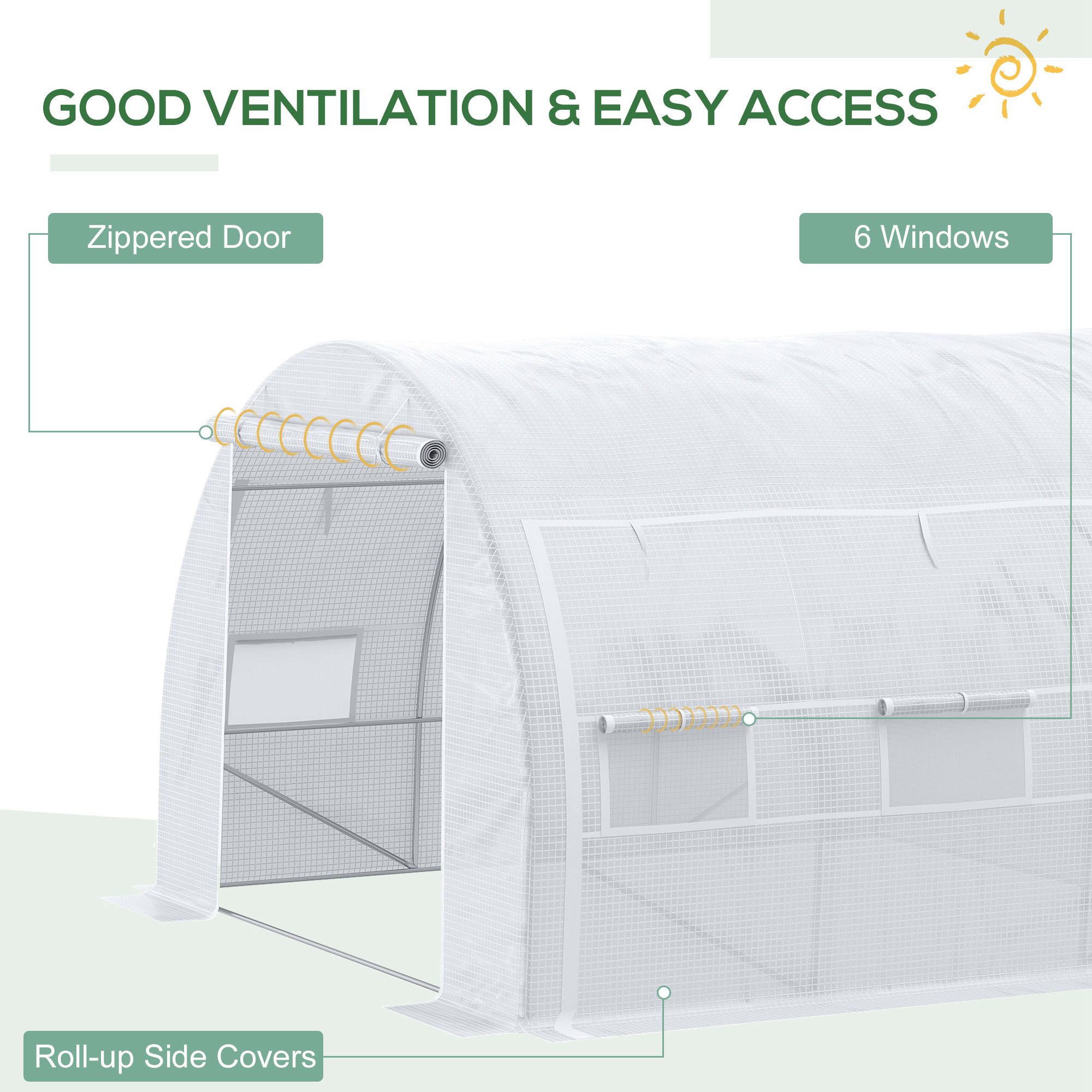 Outsunny 3 x 3 x 2 m Polytunnel Greenhouse with Roll-up Side Walls, Walk-in Grow House Tent with Steel Frame, Reinforced Cover, Zipped Door and 6 Mesh Windows for Garden, White 5