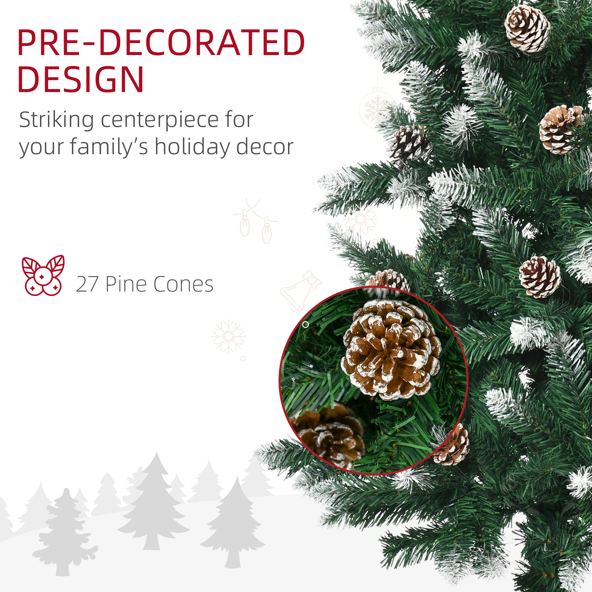 HOMCOM 5 Ft Snow Artificial Christmas Tree with Realistic Branches, Pine Cone, for Indoor Decoration, Green White 6