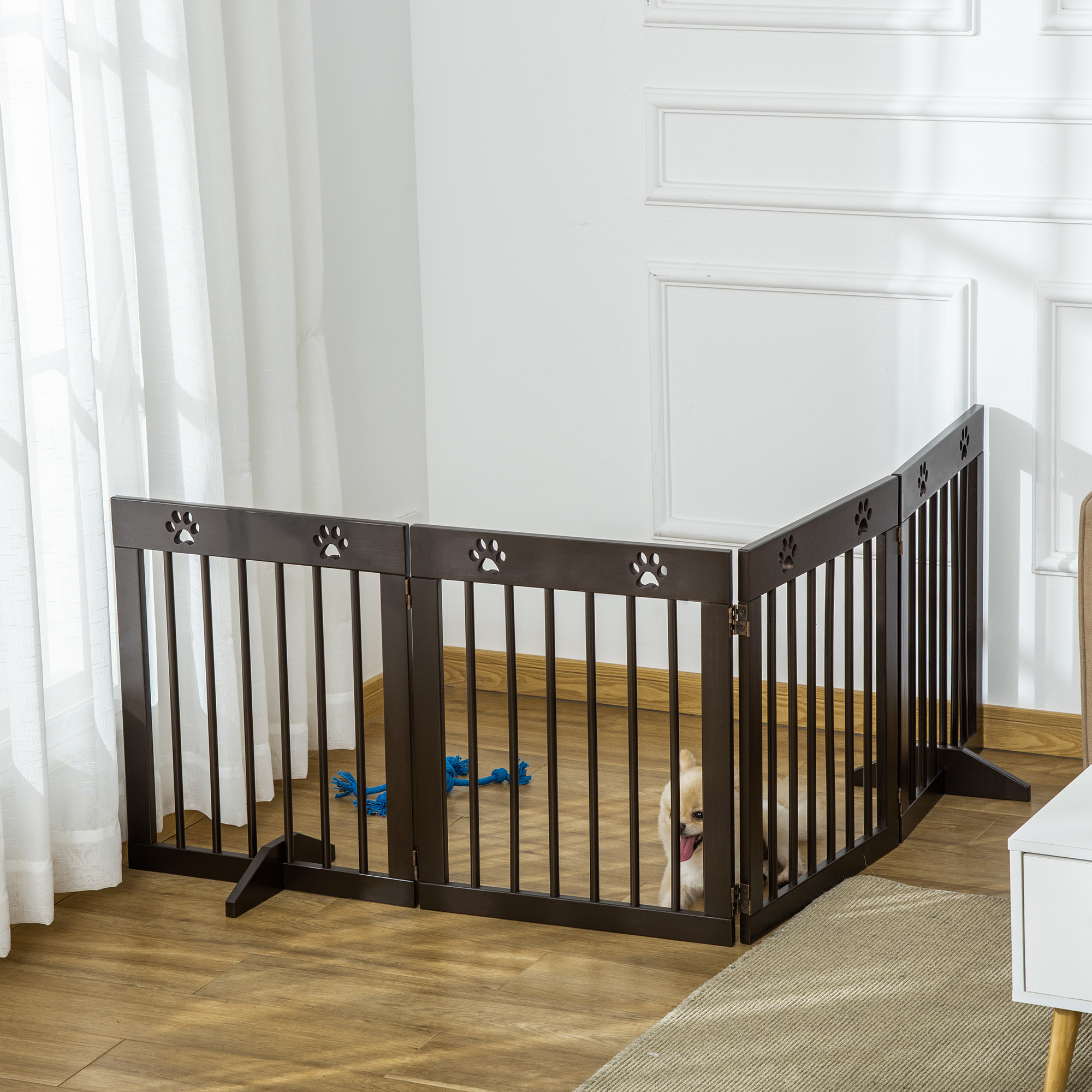 PawHut Freestanding Pet Gate 4 Panel Wooden Dog Barrier Folding Safety Fence with Support Feet up to 204cm Long 61cm Tall for Doorway Stairs Brown 7