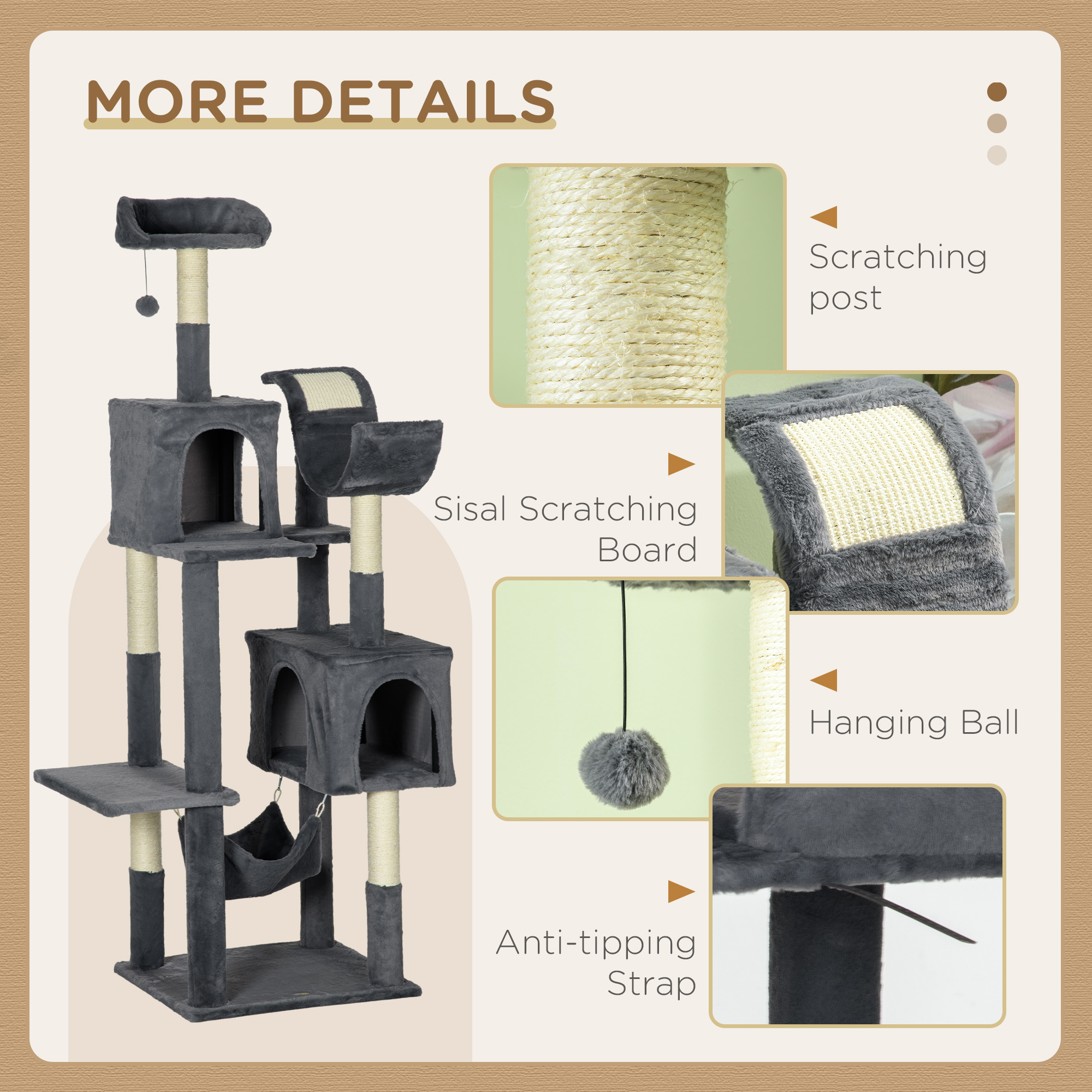 PawHut 177cm Cat Tree with Scratching Post, Hammock, Cat House Dark Grey 5